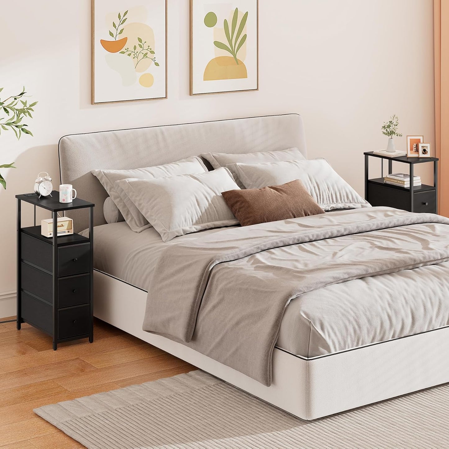 TUTOTAK Narrow Night Stand with Charging Station, Slim End Table with Plugins, Tall Side Table with 3 Fabric Drawer, Small Bedside Table with Storage, Living Room, Bedroom, Black TB01BK086