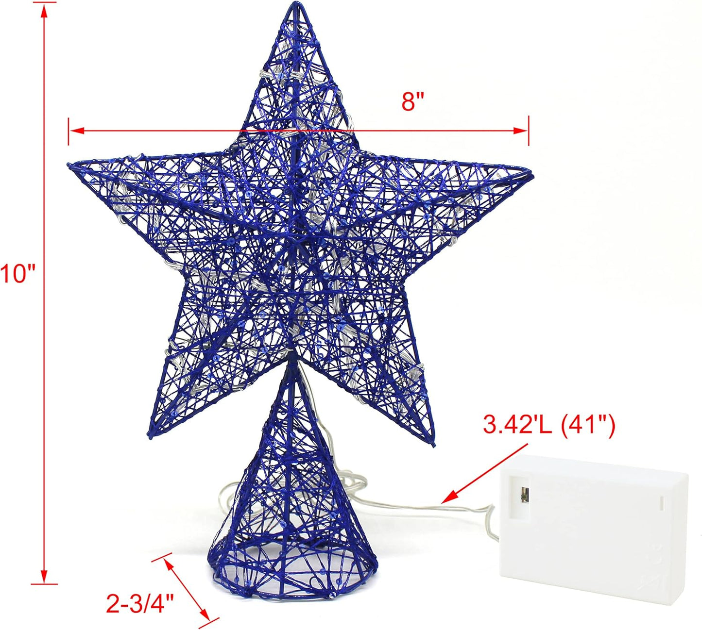 CVHOMEDECO. Blue Tree Top Star with Warm White LED Lights and Timer for Christmas Ornaments and Holiday Seasonal Décor, 8 x 10 Inch