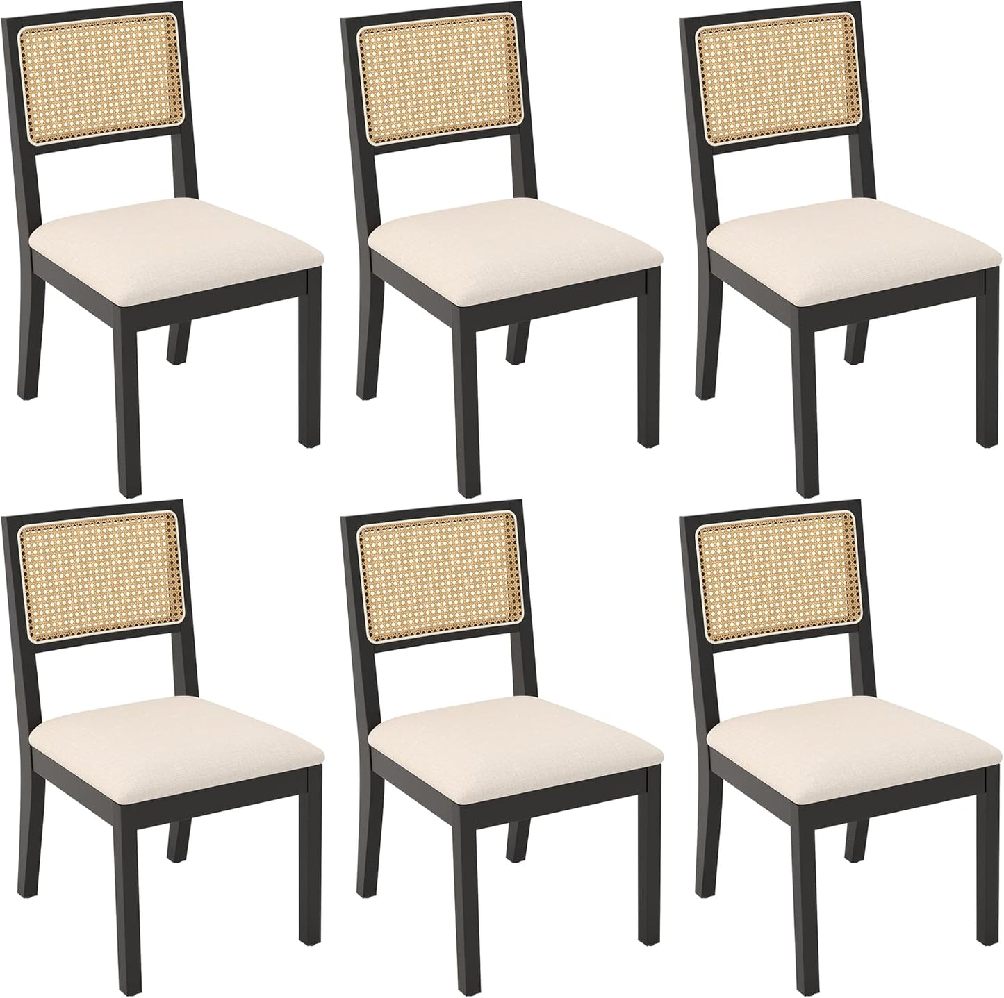Westice Rattan Dining Chairs Set of 6, Farmhouse Natural Dining Room Chairs with Upholstered Cushion, Wood Armless Chairs for Kitchen/Restaurant, Black