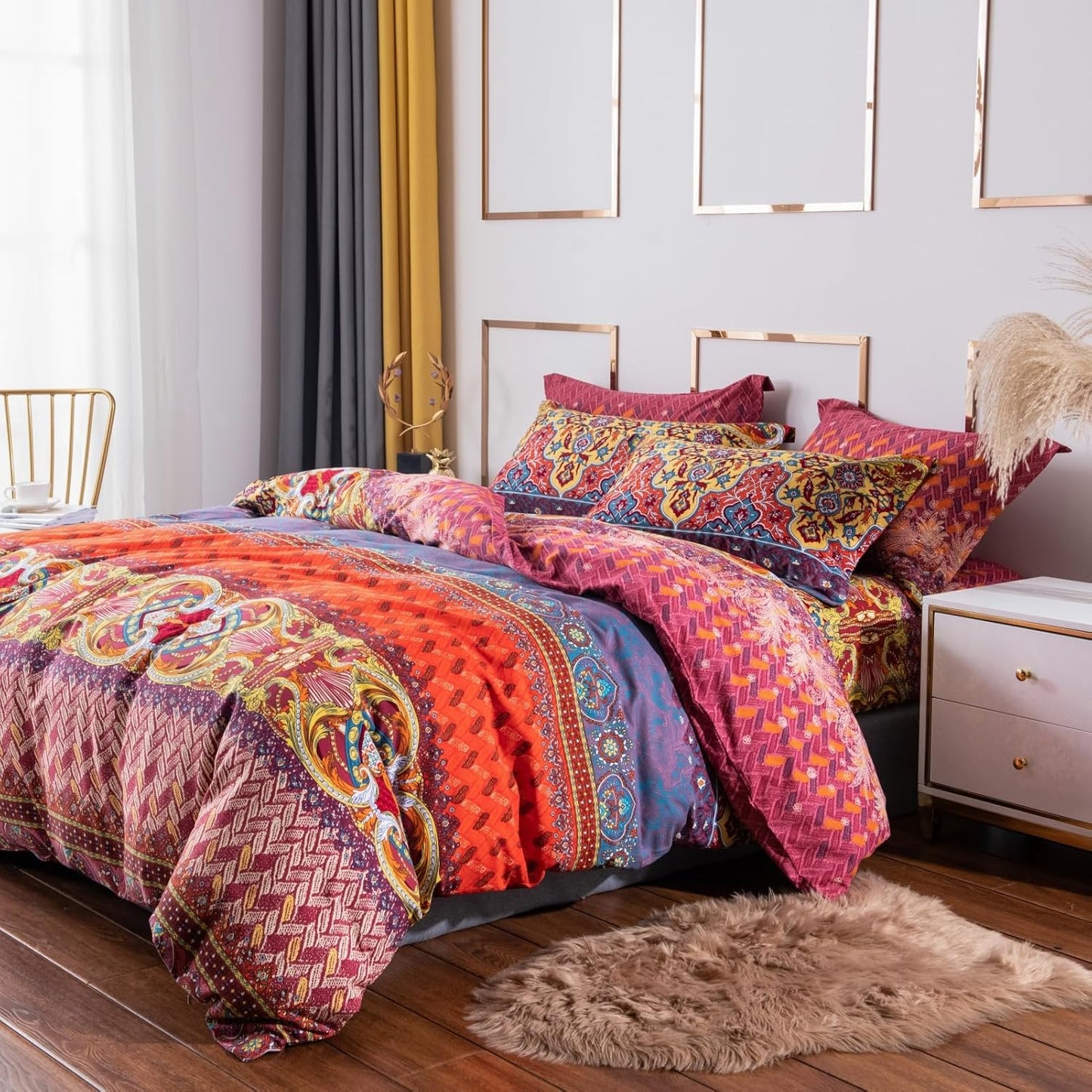 ABREEZE Bohemian Duvet Cover Set Colorful Orange Boho Retro Bedding Set Damask Paisley Cotton Duvet Cover Tribal Reversible Bedding Exotic Style Comforter Cover 3-Piece King