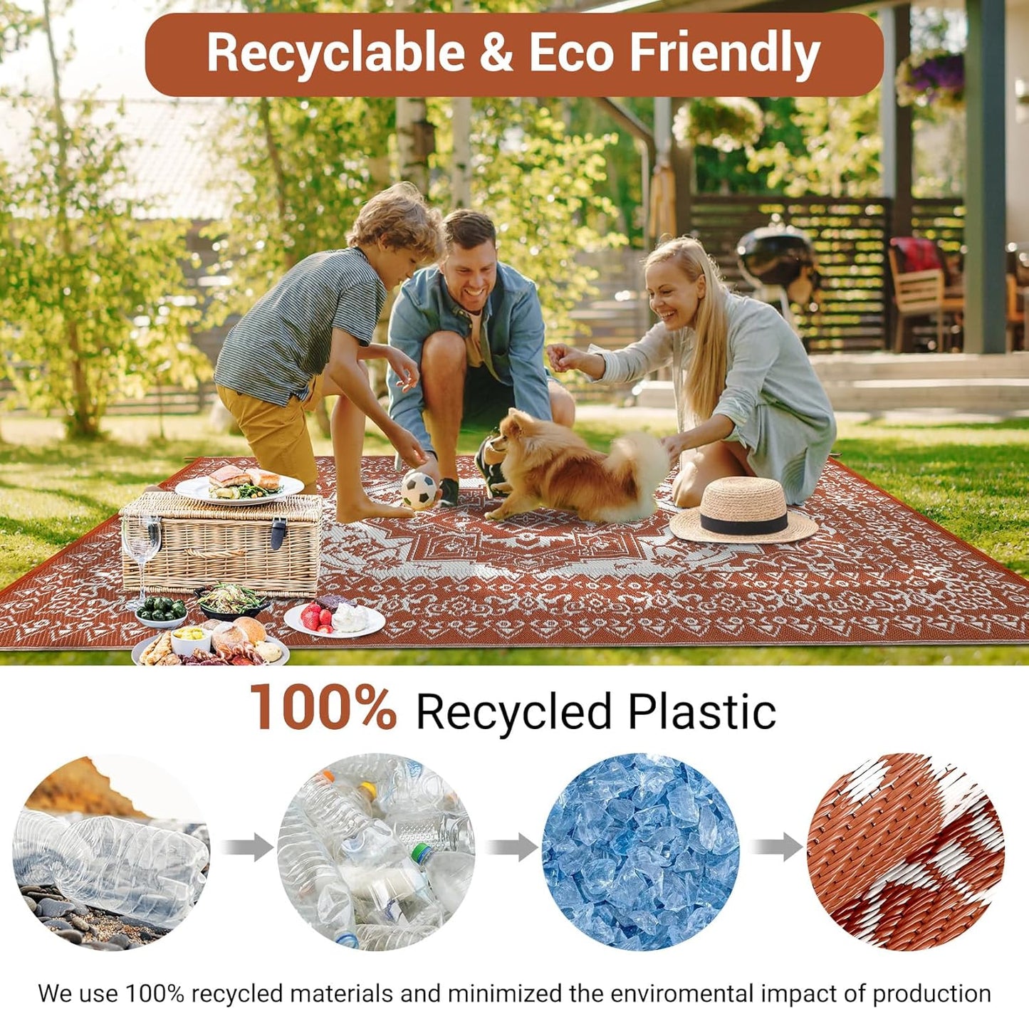 GAOMON Outdoor Rug for Patio 9x18 Waterproof Reversible Plastic Straw Rug, Large UV-Resistant Portable RV Camping Mats, Indoor Outdoor Medallion Carpet for Outside Deck Porch Garden, Red & White