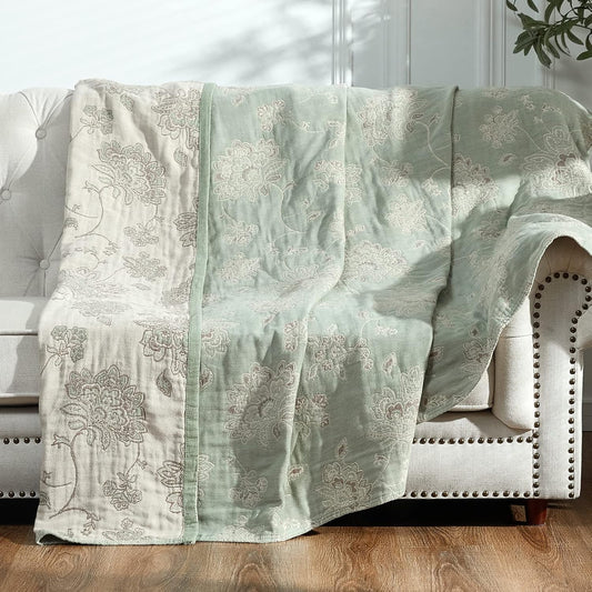 jinchan Boho 100% Cotton Muslin Twin Size 60x80 Inches Blanket Lightweight 4-Layer Quilted Soft Green and Beige Floral Throw Blanket Reversible Comfy Flower Breathable All Seasons Couch Bedroom Decor