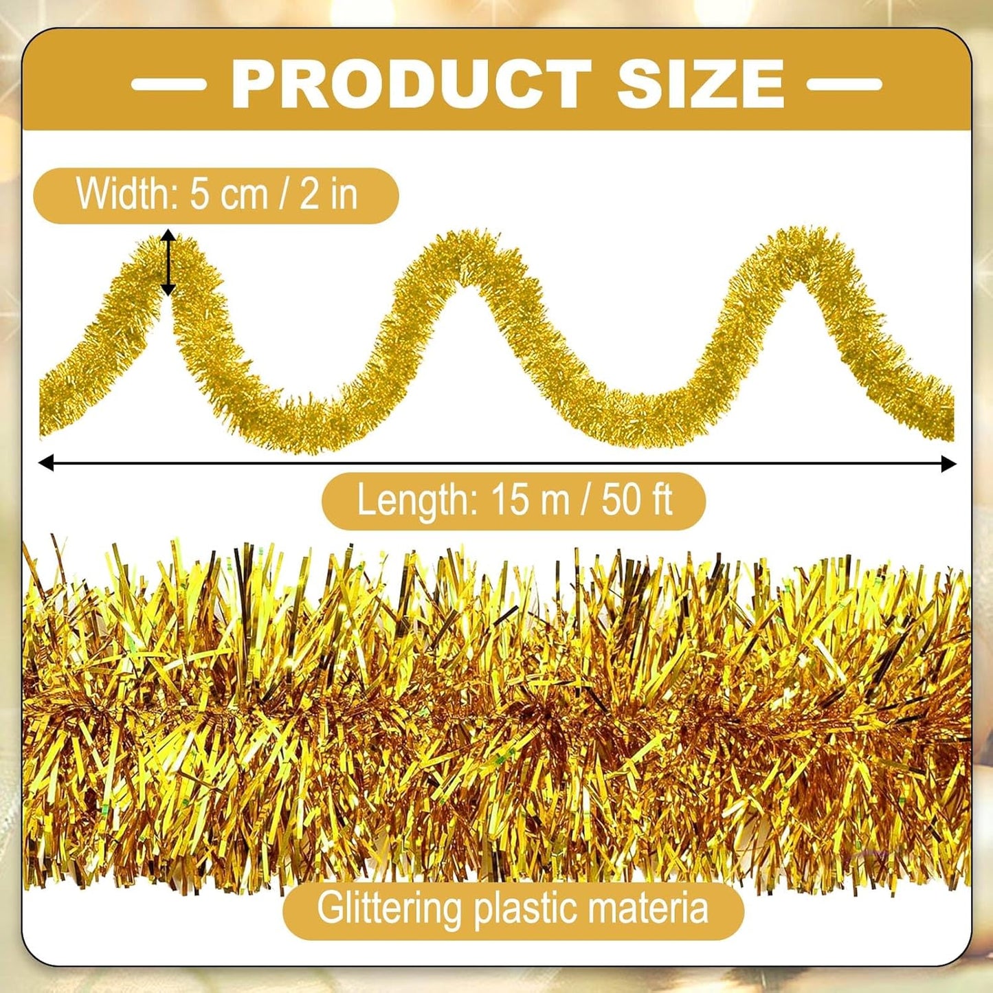 50 Feet Christmas Tinsel Garland, Metallic Twist Wall Hanging Backdrop for Parade Floats, Christmas Eve, New Year Party Decorations (Gold, 2in x 50ft)