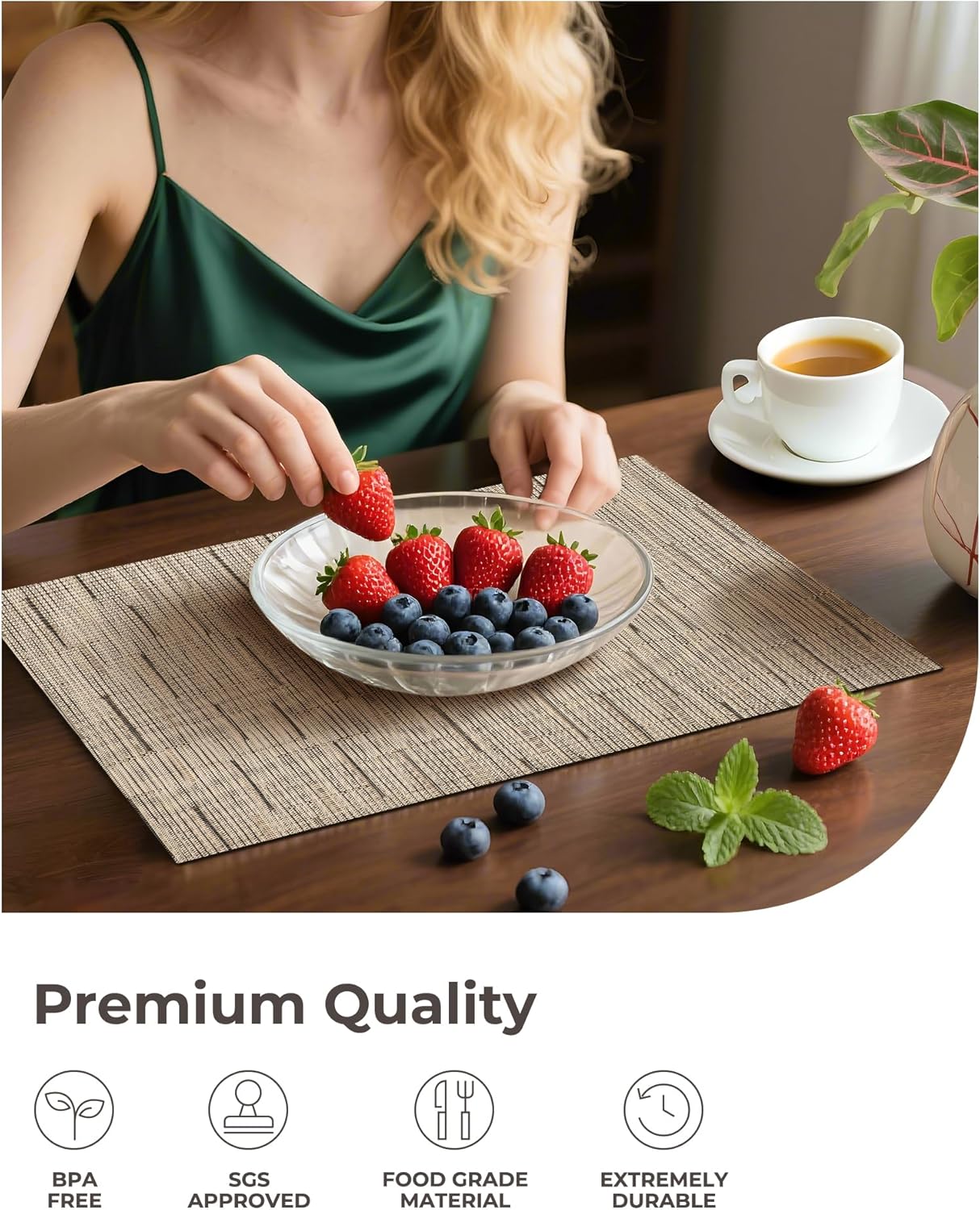 Leetaltree Light Brown Placemats Set of 12 - Heat Resistant Non-Slip Place mats for Dining Table, Washable Durable PVC Vinyl Woven Table Mats（Light Brown, 12）