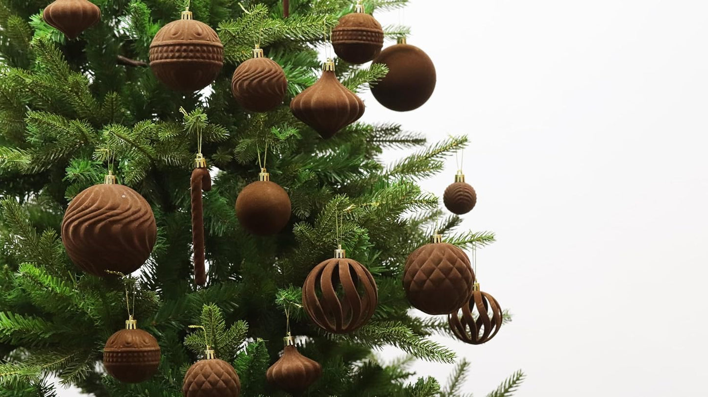 Senjie Velvet Christmas Balls Flocked Christmas Tree Ball Ornaments 63PCS Bulk Plastic Balls Xmas Decorative Hanging Ornaments Christmas Tree Decoration Brown