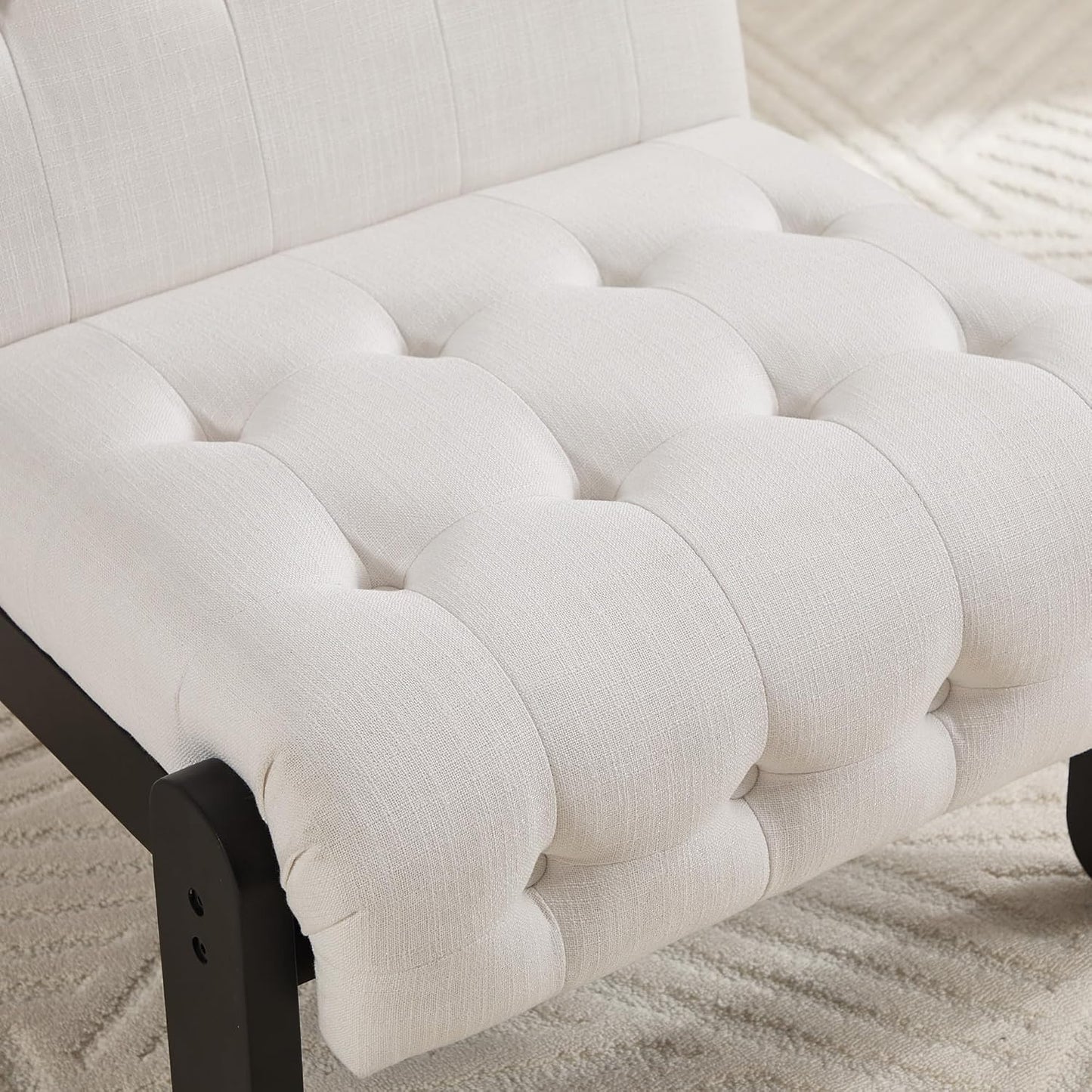 Modern Armless Accent Chair for Living Room, Beige Chenille Button Tufted Upholstered Lounge Reading Chair with Black Wood Frame