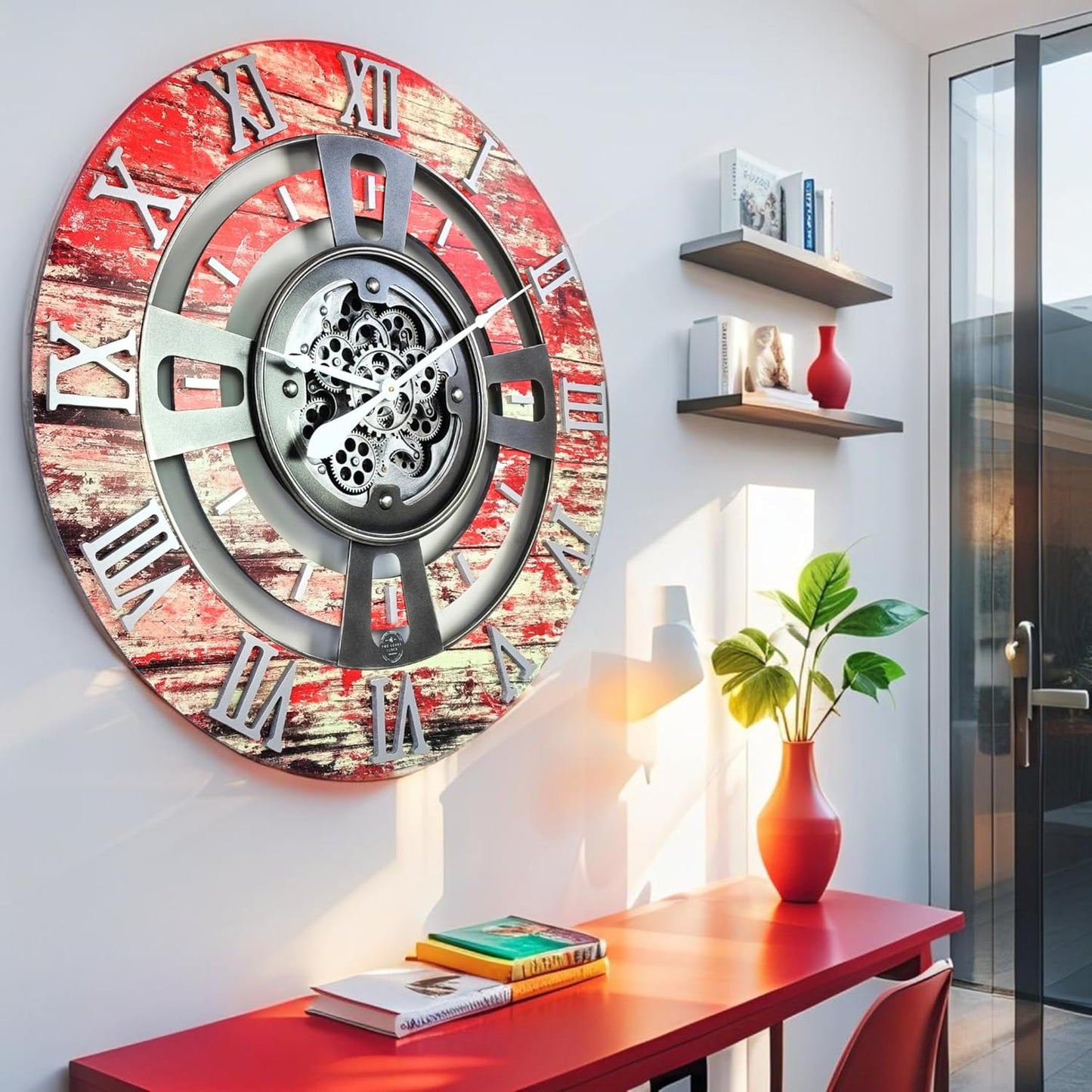 The Gears Clock Real Moving Gear Wall Clock England Line (Red Lava, 24 inches (60 cm))