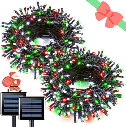 JMEXSUSS Red White and Green Christmas Lights, 2 Pack 100 LED 33 FT Solar Christmas Lights Outdoor Waterproof, Outdoor Solar String Lights for Outside Garden Yard Christmas Tree Decor