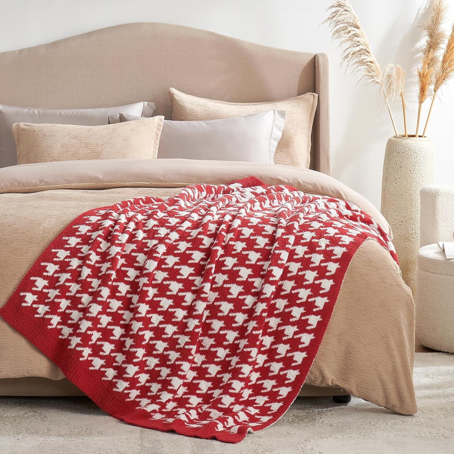 Snuggle Sac Christmas Red Houndstooth Throw Blanket for Couch, Reversible Super Soft Warm Blankets Cozy Knit Fuzzy Plush Lightweight Throws for Sofa Bed Houndstooth Red, 50x60 inches