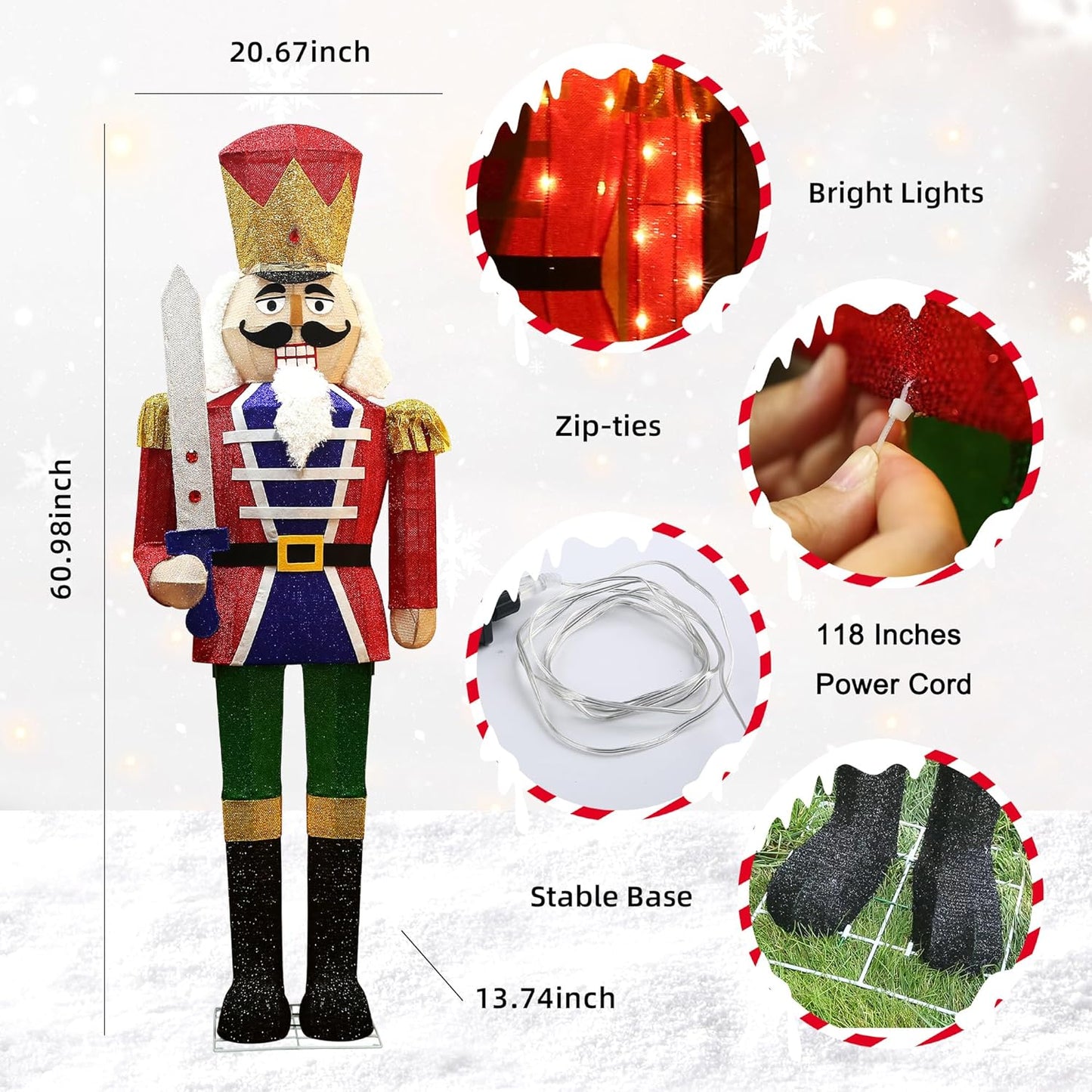 61Inch Nutcracker Christmas Decor Outdoor with LEDs 5 Feet Lighted Large Nutcracker Lighted Christmas Decorations Outdoor with Stakes & Zip Ties for Xmas Yard, Porch, Lawn