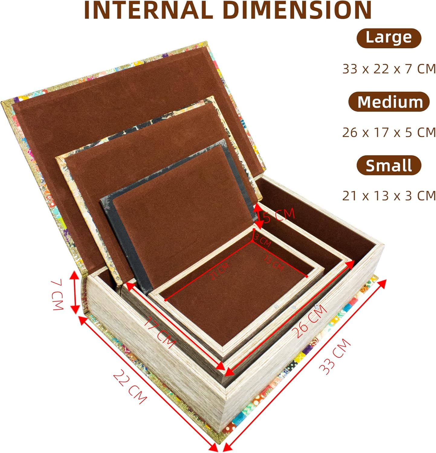 Decorative Book Box Set of 3, Fake Book Trinket Keepsake Storage Boxes with Ancient World Map Pattern, Graduation Gift