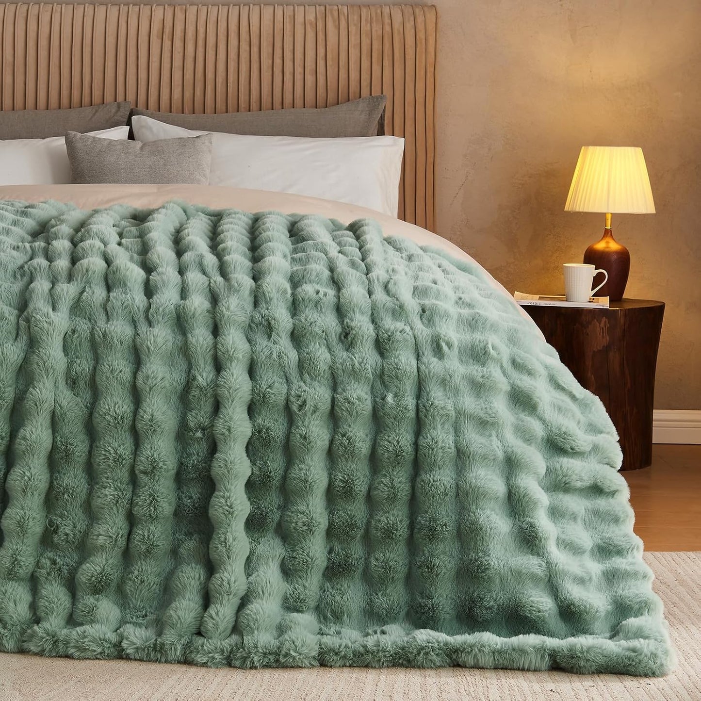 Lotus Karen Faux Fur Throw Blanket Sage Green - Big Bubble Rabbit Fluff Blanket for Couch Bed Sofa,Softest Fluffy Fuzzy Cozy Blanket,Plush Thick Furry Shaggy Warm Blankets for Women,108x90 Inches