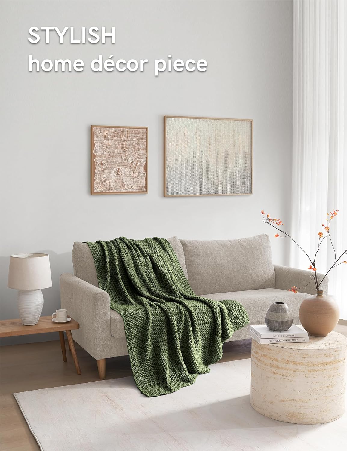 YnM Chunky Cotton Knit Throw Blanket, Cable Knit Throws for Bed Couch Sofa, Comfy & Relaxing, Decorative Piece for Farmhouse Modern Boho Rustic Scandinavian Chic Vibe, Pine Green 80x87 Inches