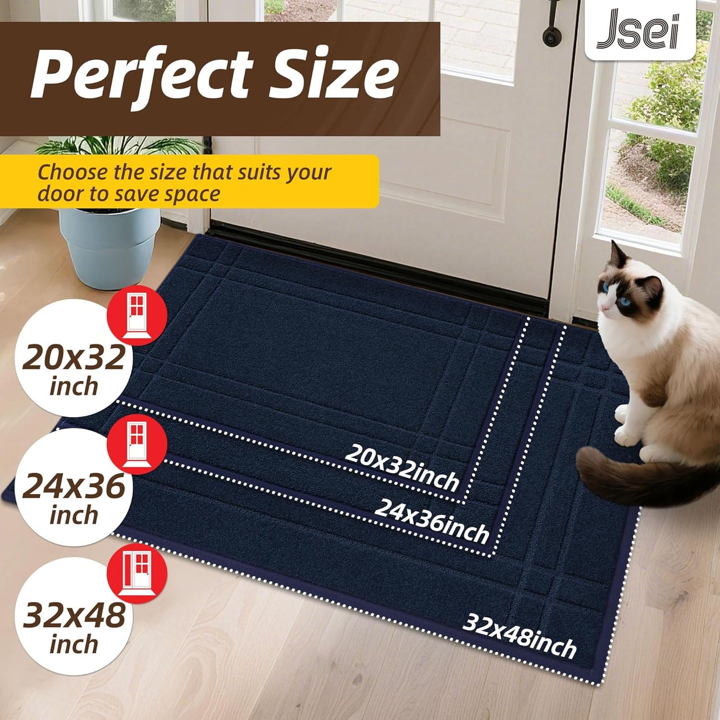 JSEI Entryway Rugs Doormat 32"x48", Non-Slip Dirt Trapper Door Mats Indoor, Washable Absorbent and Stain Resist Welcome Floor Mat for Front Door, Dog Door Mat, Muddy Wet Shoes & Paws, Navy Blue