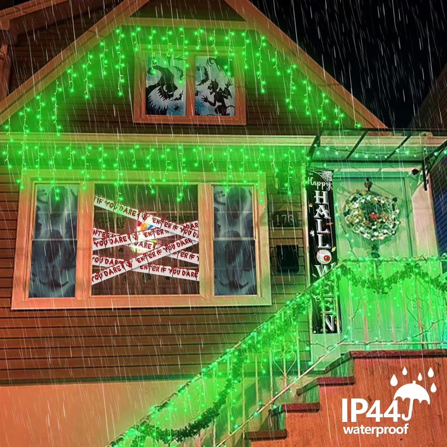 QITONG Green Icicle Lights for Outside, 66ft 800 LED Halloween Light Plug in with 8 Modes, Clear Wire Connectable Christmas Lights Indoor with 160 Drops