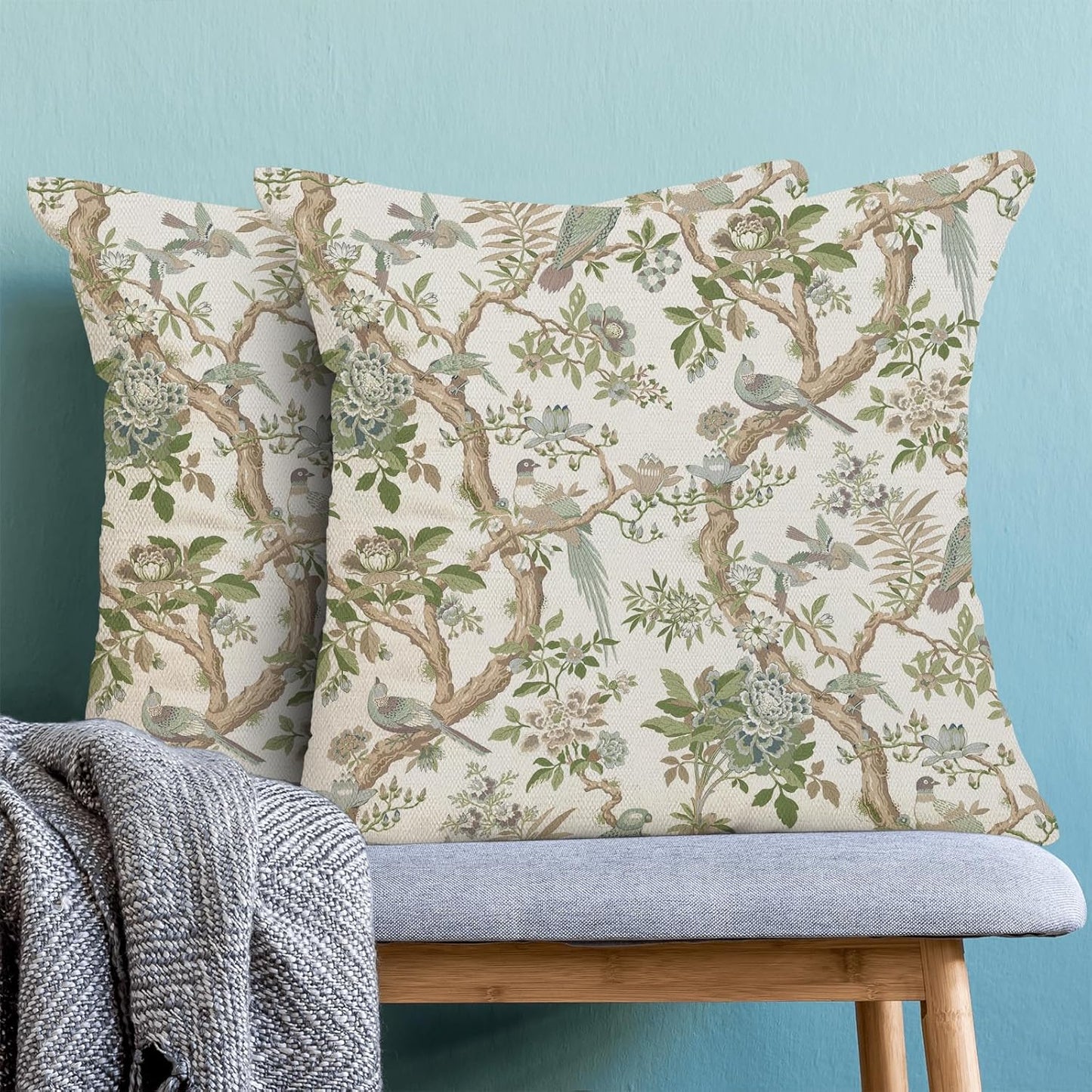 CXMEIFLY Chinoiserie Spring Pillow Covers 16 x 16 Inch Set of 2 for Sage Green Blue Vintage Flowers Bird Decor Throw Pillows Plant Farmhouse Outdoor Decorative Cushion Cases for Couch Bed Decorations
