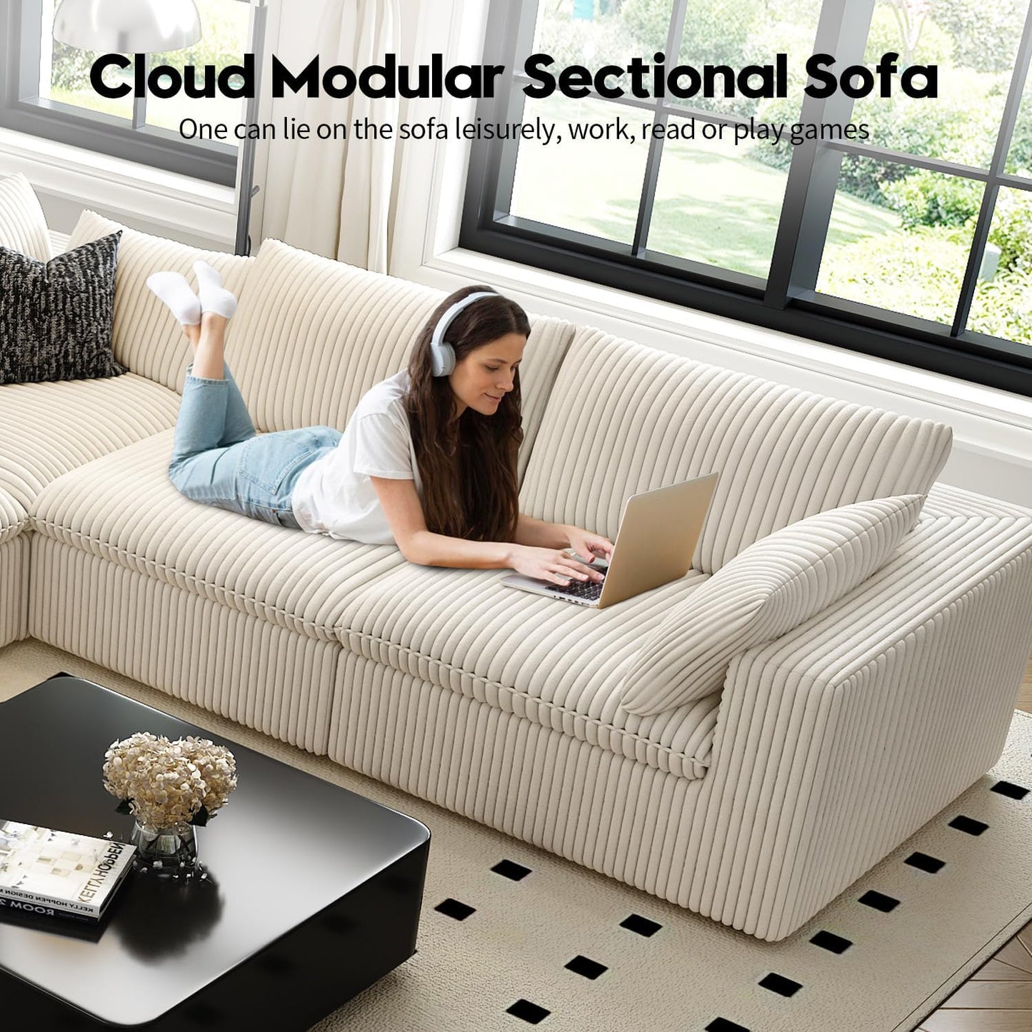 157.5" Cloud Couch Modular Sectional Sofa for Living Room,Modern Sofa with Deep Seat，4 Seater Boneless Couch,Comfy Upholstered Corduroy Couches for Apartment, Studio, Office,Bedroom，White