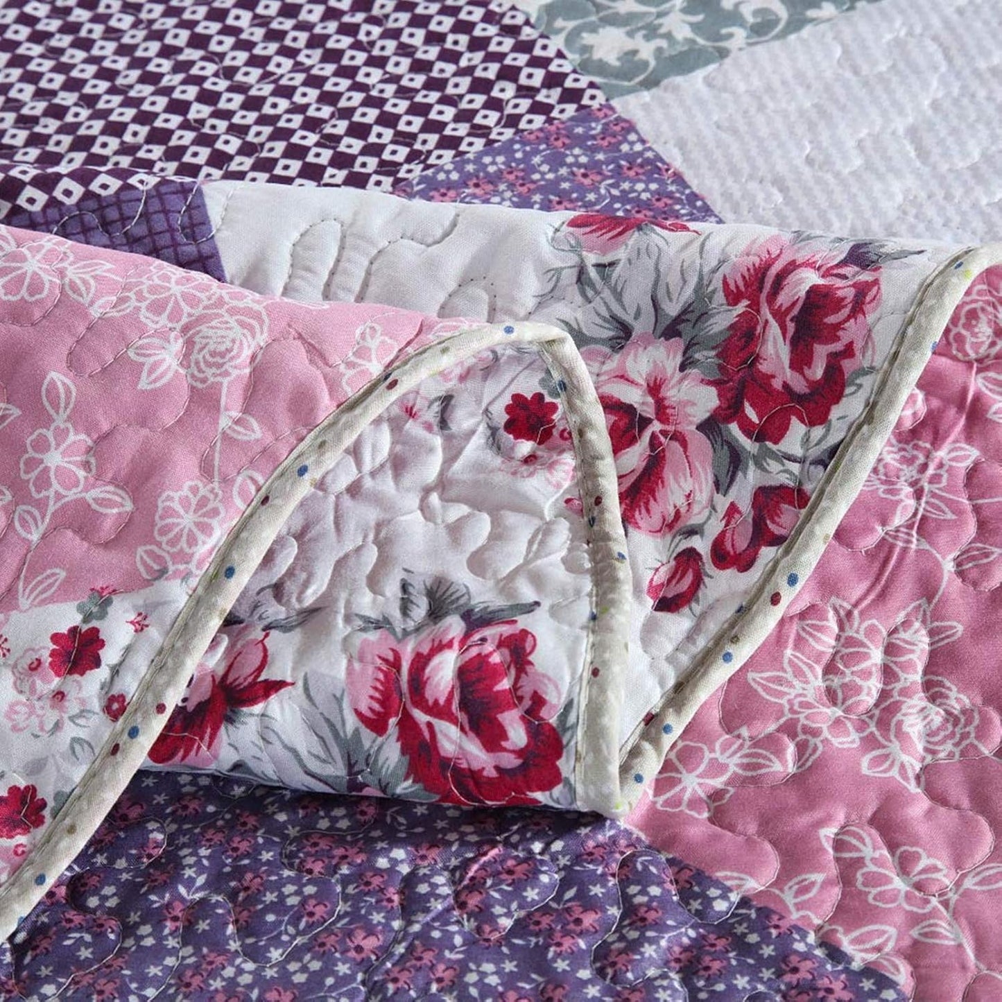 NEWLAKE Quilt Bedspread Sets-Floral Checkered Pattern Reversible Coverlet Set,King Size