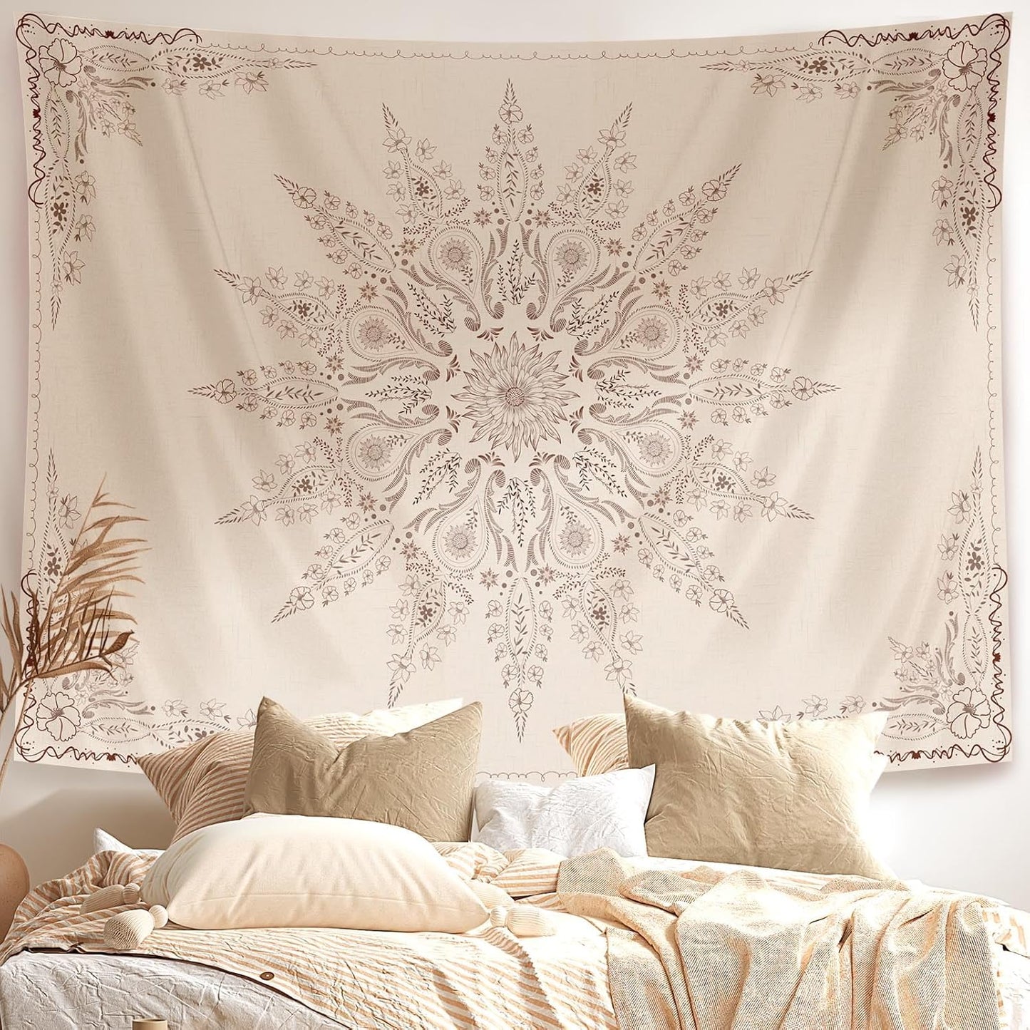 Damanse Floral Tapestry Wall Hanging Cute,Boho Wall Tapestry for Bedroom Aesthetic,Mandala Living Room Decor for Teen Girls (Flaxen, 49.20" x 59.10")