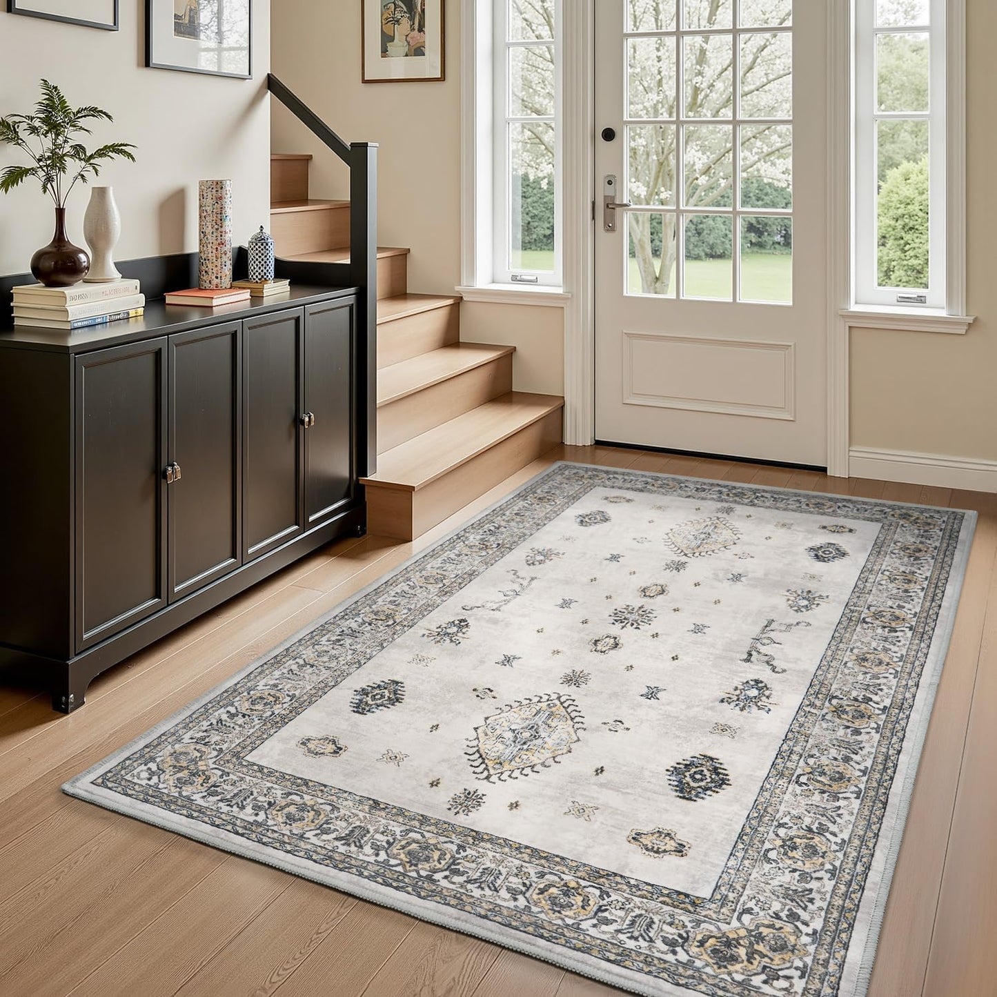 AMOAMI-Vintage Area Rug 3x5 Grey Rugs for Living Room-Soft Washable Rug Non Slip Entryway Rug Indoor Vintage Throw Accent for Bedroom Laundry Room Dining Bathroom Bedside
