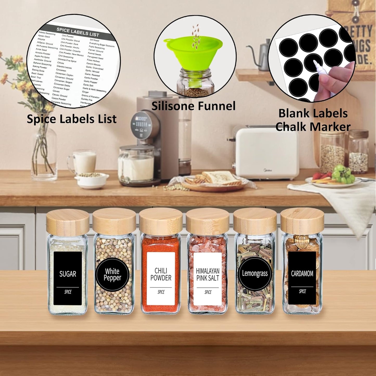 Churboro 24 Spice Jars with Labels & Bamboo Lids - 4 Oz Glass Containers with Shaker Lids, 547 Spice Labels of 3 Different Types Seasoning Jars for Spice Rack, Cabinet, or Drawer