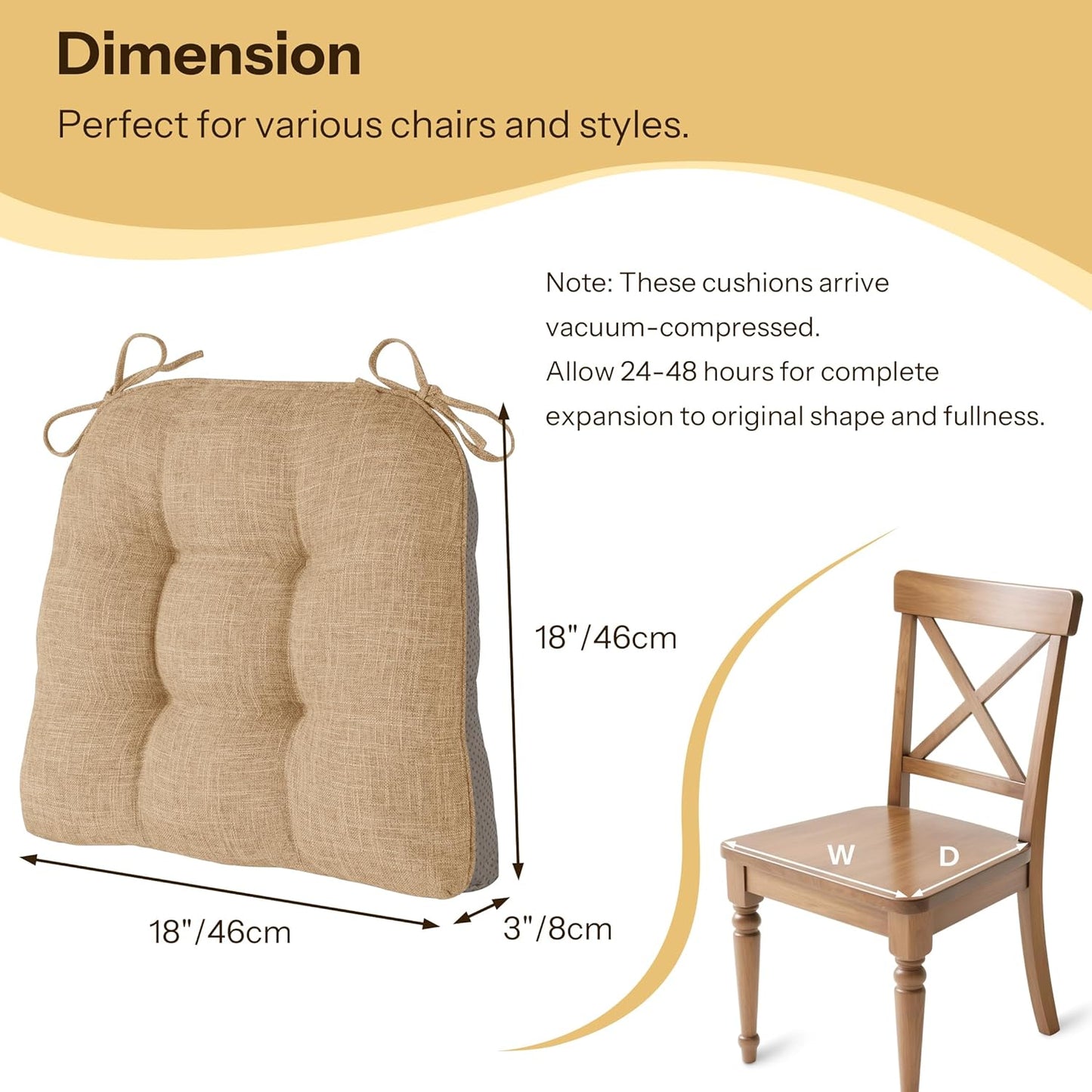 Non Slip Chair Cushions for Dining Chairs Set of 4 Kitchen Chair Cushions 18"x18"x3" Turfted Chair Pads Comfortable and Soft Seat Cushion with Ties, Cappuccino