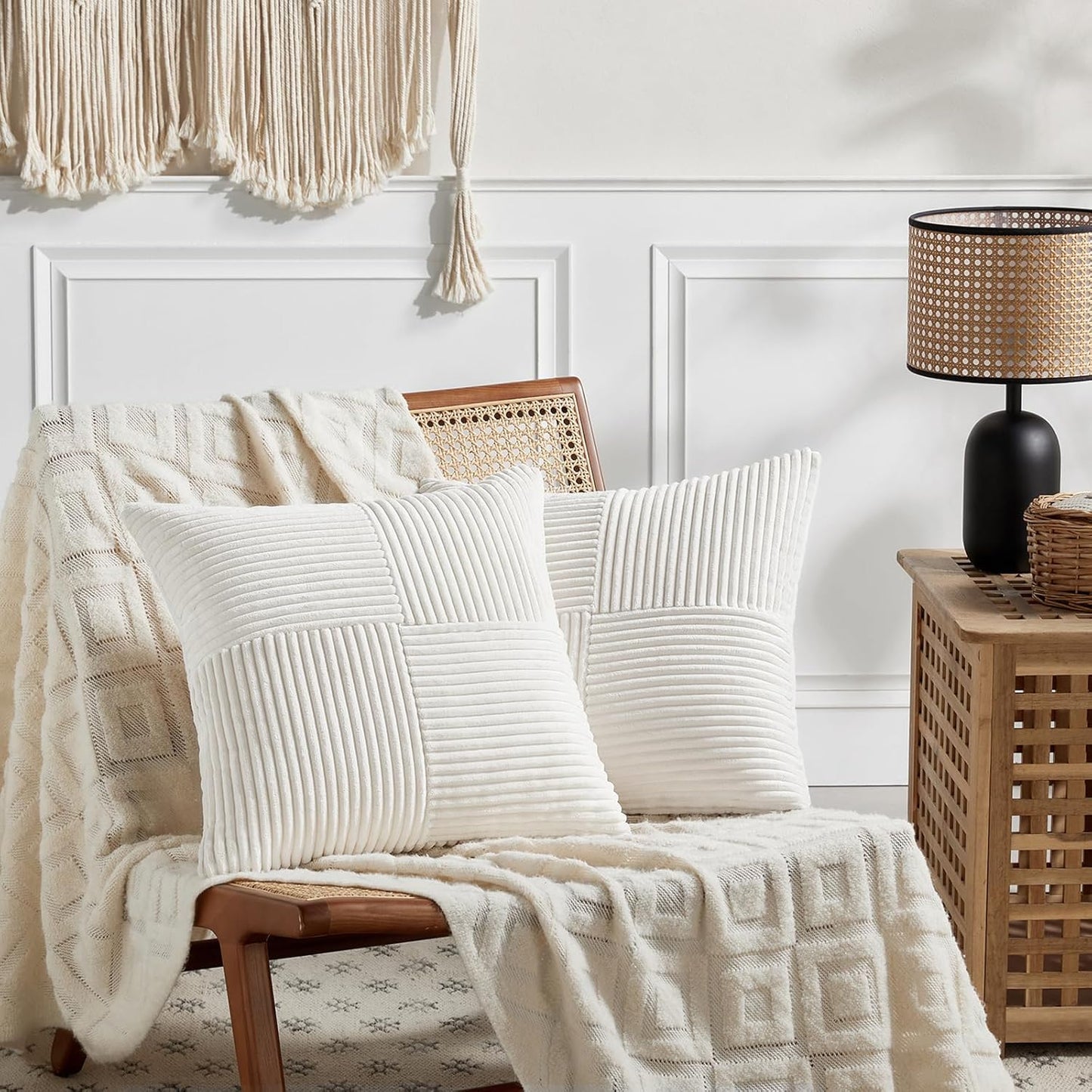 Fancy Homi 2 Packs Cream White Euro Decorative Throw Pillow Covers 26x26 Inch for Couch Bed Sofa, Farmhouse Boho Home Decor, Soft Corss Corduroy Patchwork Textured Square Cushion Case 66x66 cm