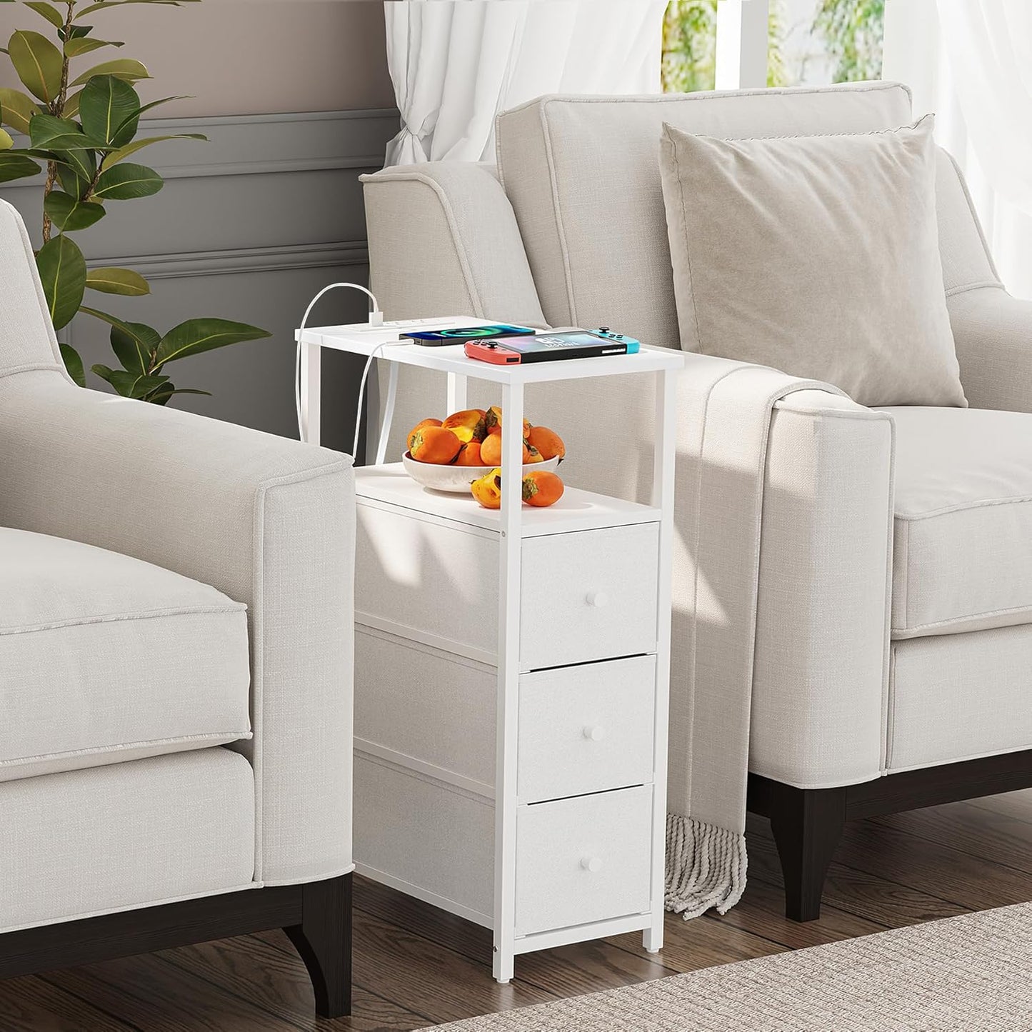 TUTOTAK Narrow Night Stand with Charging Station, Slim End Table with Plugins, Tall Side Table with 3 Fabric Drawer, Small Bedside Table with Storage, Living Room, Bedroom, White TB01BW086