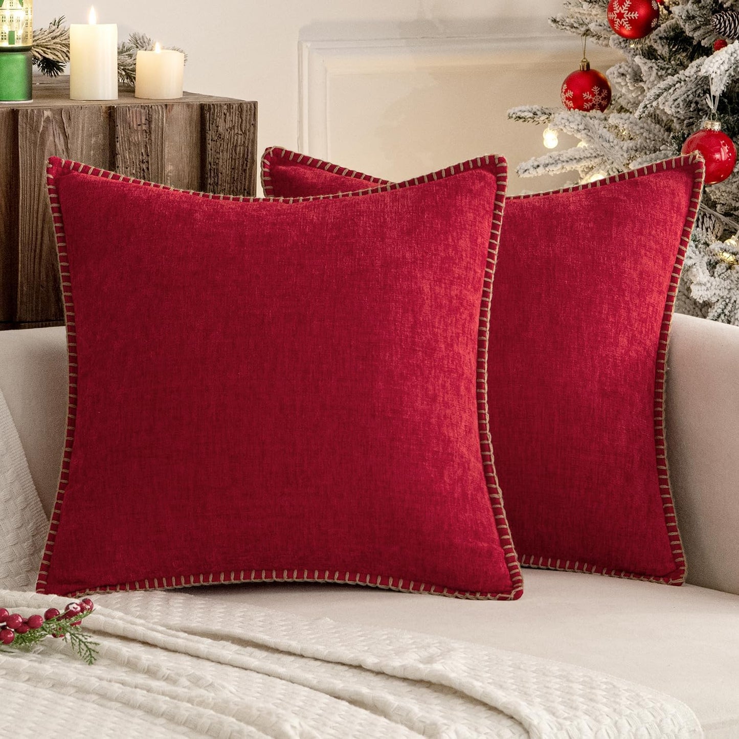 MIULEE Pack of 2 Christmas Pillow Covers 18x18 Inch Red Farmhouse Decorative Throw Pillow Covers with Stitched Edge Soft Chenille Solid Dyed Couch Pillow Covers for Sofa Bed Living Room