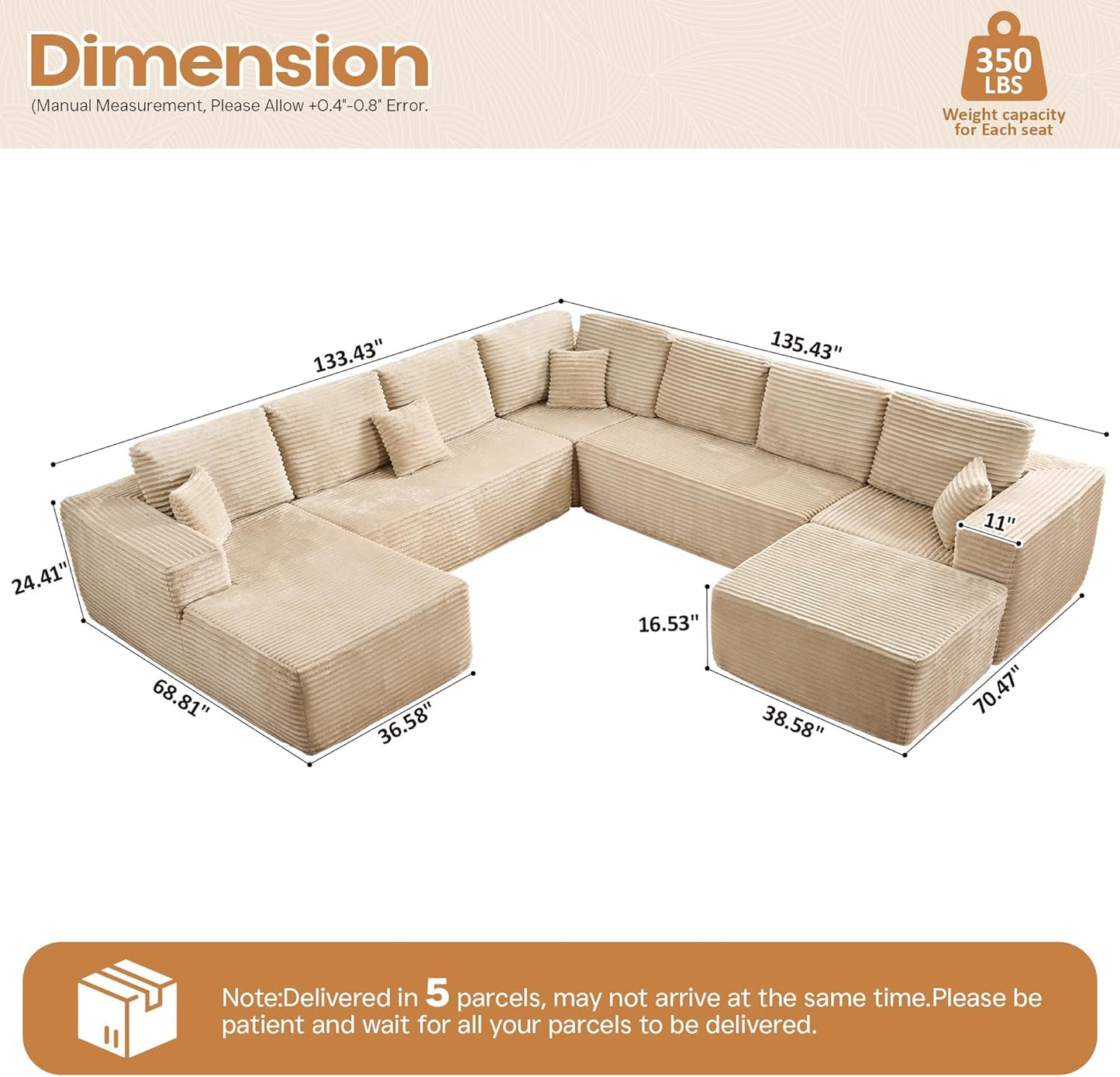 Cloud Sectional Couches for Living Room,G Shaped Modular Sofas No Assembly,135x133 Inches Plush Corduroy Oversized Floor Couch Set with Deep Seat Chaise,Beige