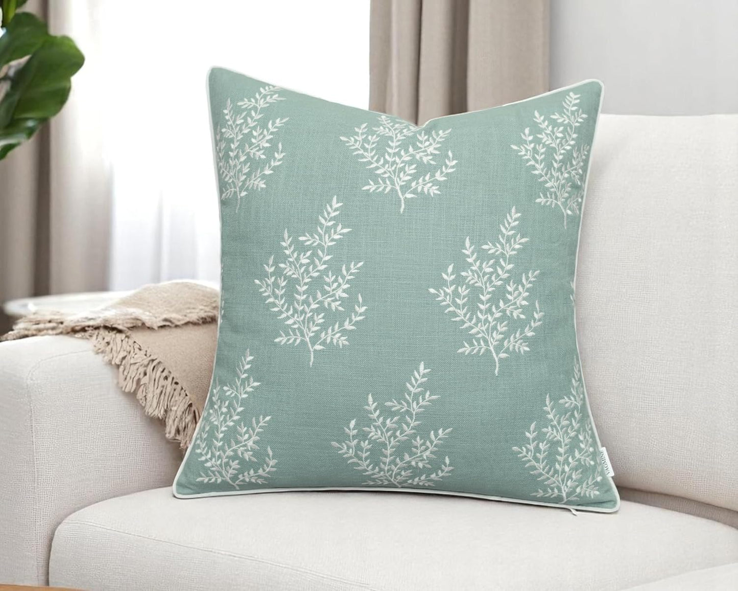 VAGMINE Embroidered Leaves Throw Pillow Cover - 18x18 Inches Square - 100% Cotton Light Teal Decorative Cushion Cover - Elegant Embroidery Pattern - Coastal Home Accent for Sofa, Bed, Living Room