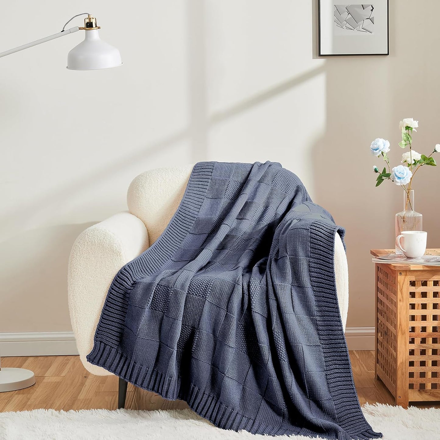 CozeCube Check Knit Throw Blanket, Steel Blue Checkered Throw for Couch, Decorative Christmas Soft Cozy Warm Knitted Blanket for Bed Sofa Living Room, 50"X60"