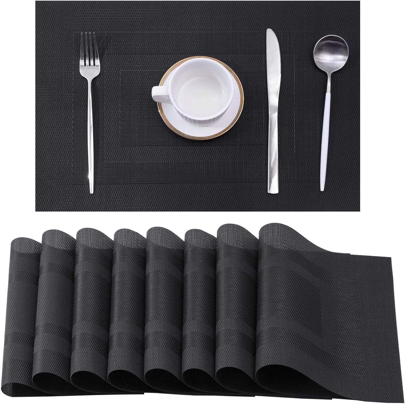 Leetaltree Black Frame Placemats Set of 8 - Heat Resistant Non-Slip Place mats for Dining Table, Washable Durable PVC Vinyl Woven Table Mats（Black Frame, 8）