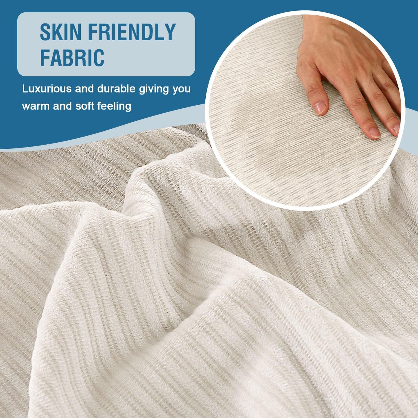 H.VERSAILTEX Velvet Stretch Sectional Couch Covers 3 Pieces, L Shape, Ivory Striped (Large Sofa 2 Seater + 1 Chaise)