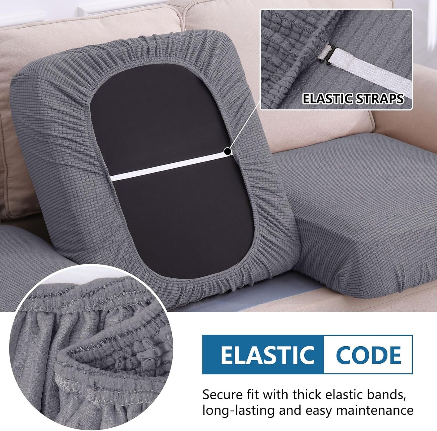 hyha Waterproof Couch Cushion Covers, Washable Sofa Cushion Slipcovers, Thick Stretch Jacquard Fabric, Couch Sofa Covers for Pets with Elastic Bottom (3 Pieces, Middle Grey)