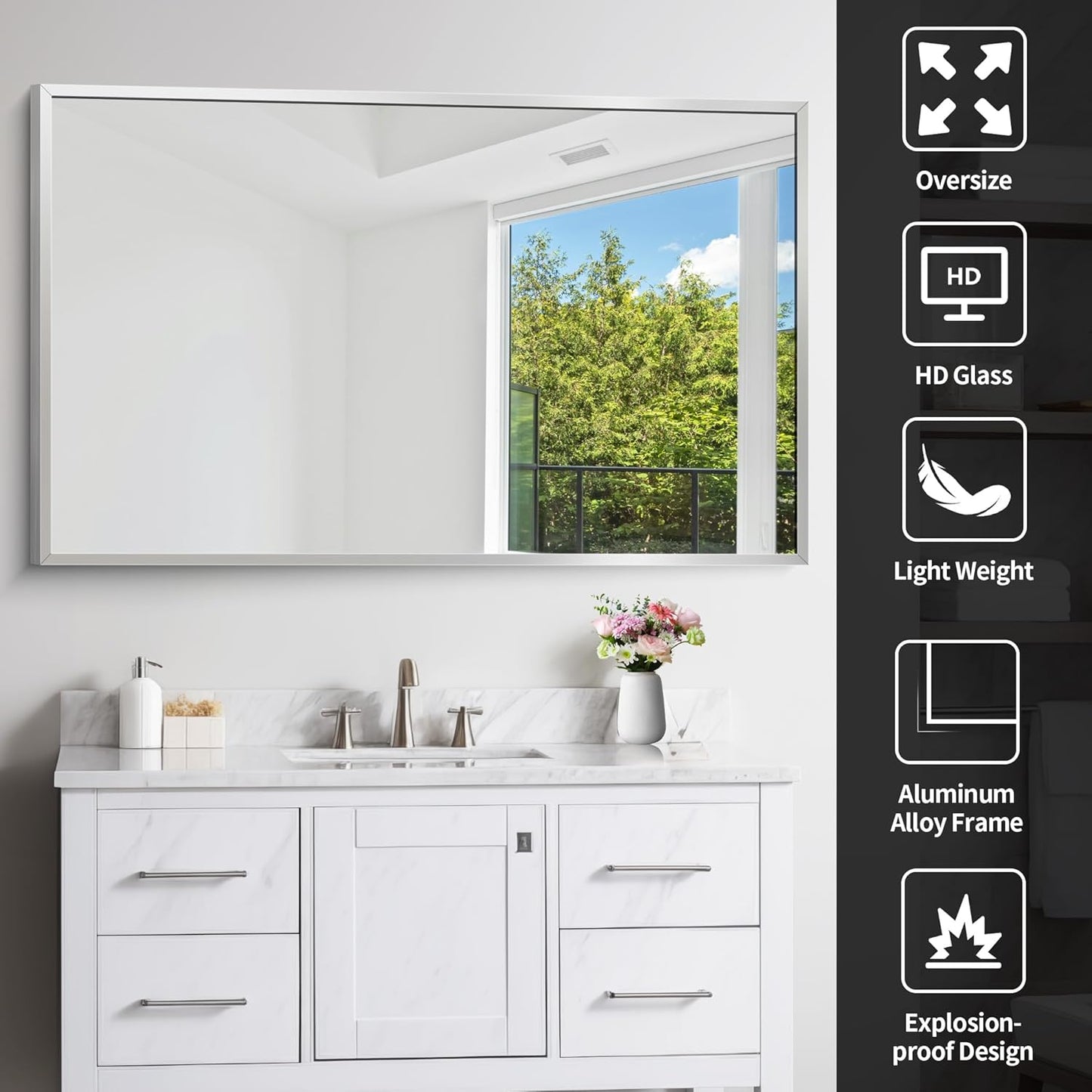 Silver Bathroom Mirror for Wall, 30x48 Inch Rectangle Mirrors with Metal Frame, Modern Vanity Wall Mirror Decor for Bathroom Living Room, Entryway Hangs Horizontal or Vertical