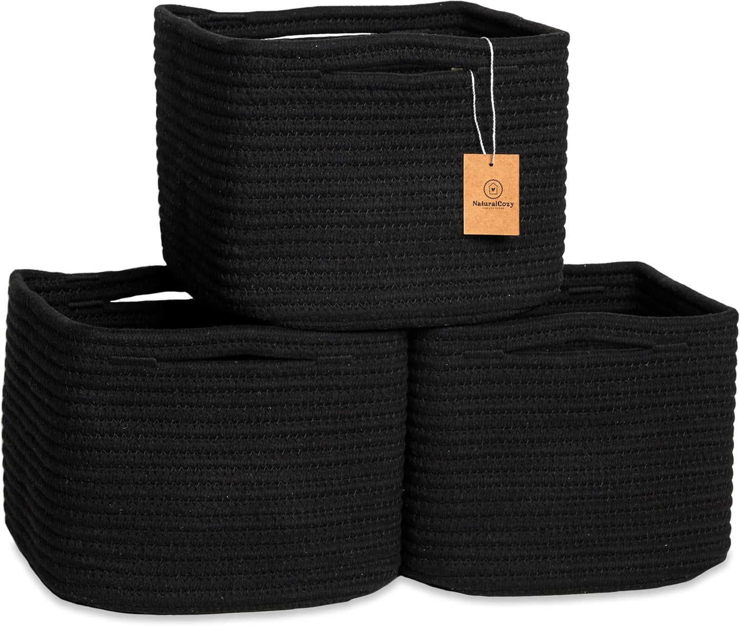 NaturalCozy Storage Cubes 9”x9”x7”Cotton Rope Woven Baskets for Organizing 3-Pack | 9 Inch Cube Storage Bin | Small Basket for Shelf Nursery, Pantry, Decorative Plant, Bathroom Closet, Toy Gift