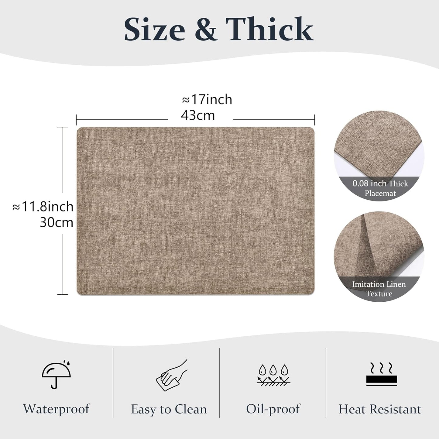 FROMHEART Faux Leather Placemats Set of 8–Waterproof,Heat/Oil Stain-Resistant PU Table Mat–Reversible,Non-Slip,Easy to Clean Place Mats for Kitchen,Dining,Indoor/Outdoor,(Light Coffee,11.8" x 17")