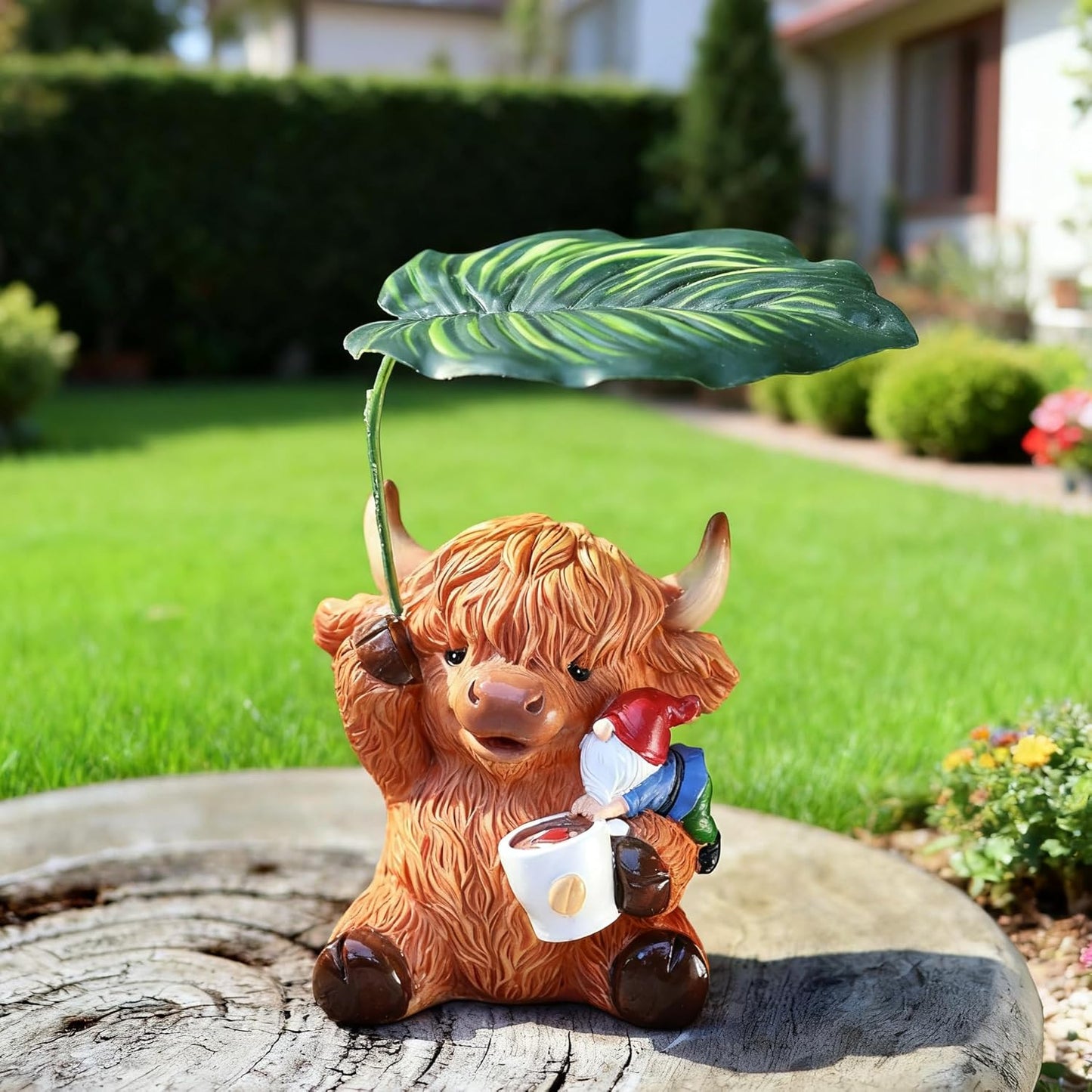 Garden Gnome with Highland Cattle 6.5“ Figurine Ornament for Indoor Outdoor Home Patio Yard Lawn, Red Hat, Blue Outfit, Indoor Outdoor Decorative Statue