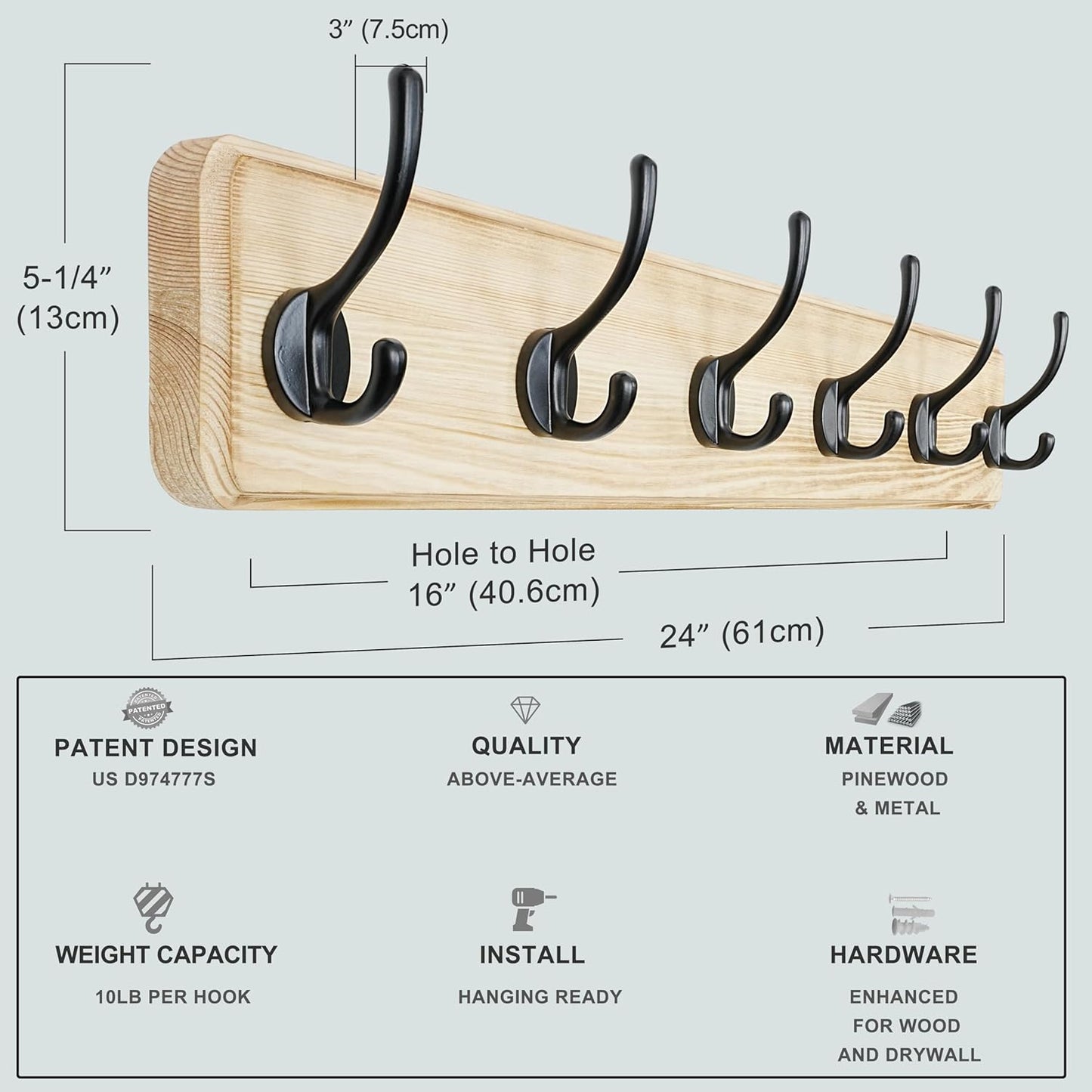Dseap Coat Rack Wall: 24" Long, Patented, Heavy-Duty, 6-Double-Hooks Wooden Wall Mounted Coat Rack Coat Hanger Hook Rail for Winter Coats Hat Jacket Clothing, Light Brown, Pack of 2
