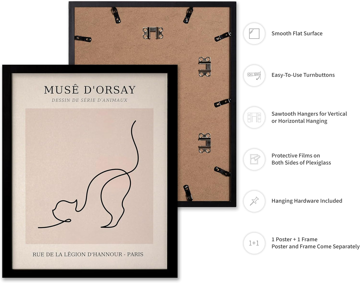 Poster Master Vintage Poster - Retro One Line Cat Drawing Print - Cat Art - Minimal Gift for Men, Women, Animal Lover - Abstract Wall Decor for Home, Office, Bedroom, 11x14 Black Framed