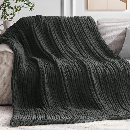 Chunky Knit Throw Blanket, 60''*80'' Knitted Throw Chenille Yarn for Bed Couch, Handmade Dark Grey Crochet Big Thick Blanket, Machine Washable Cute Comfy Blanket for Home Decor