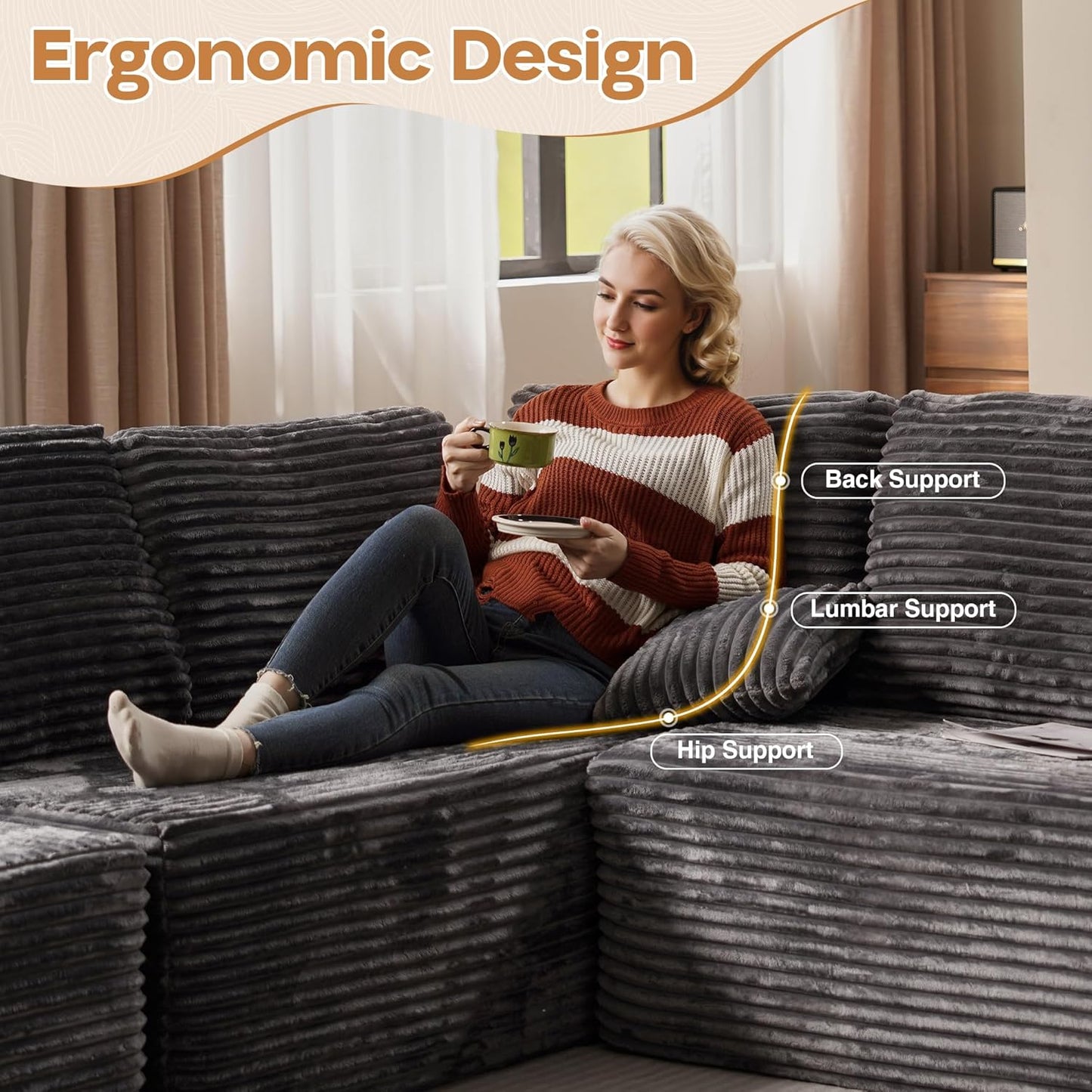 Cloud Sectional Couches for Living Room,U Shaped Modular Sofas No Assembly,135x107 Inches Plush Corduroy Oversized Floor Couch Set with Deep Seat Chaise,Grey