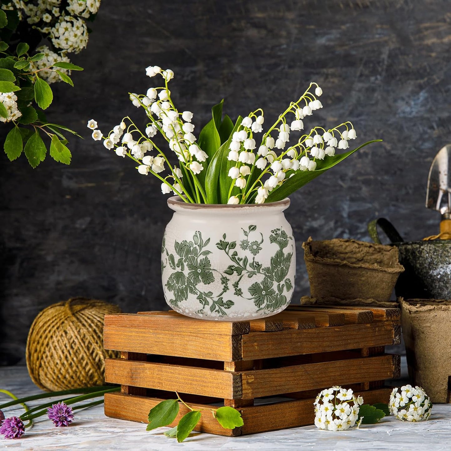 Vintage Planter Large Ceramic Plants Pot Beige Green Vintage Floral Ice Crack Cottage Scroll Vase Flower Vase Pot Indoor Plants Home Kitchen Decor Farmhouse Antique Decorative Gifts