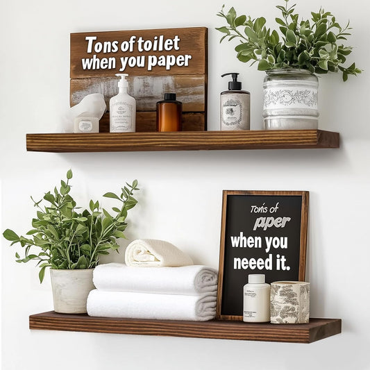 24"x6.8"x1.2" Solid Wood Floating Shelves 2-Pack - Rustic Brown Finish with Hidden Brackets, Perfect for Storage and Décor in Living Room, Kitchen, Bedroom