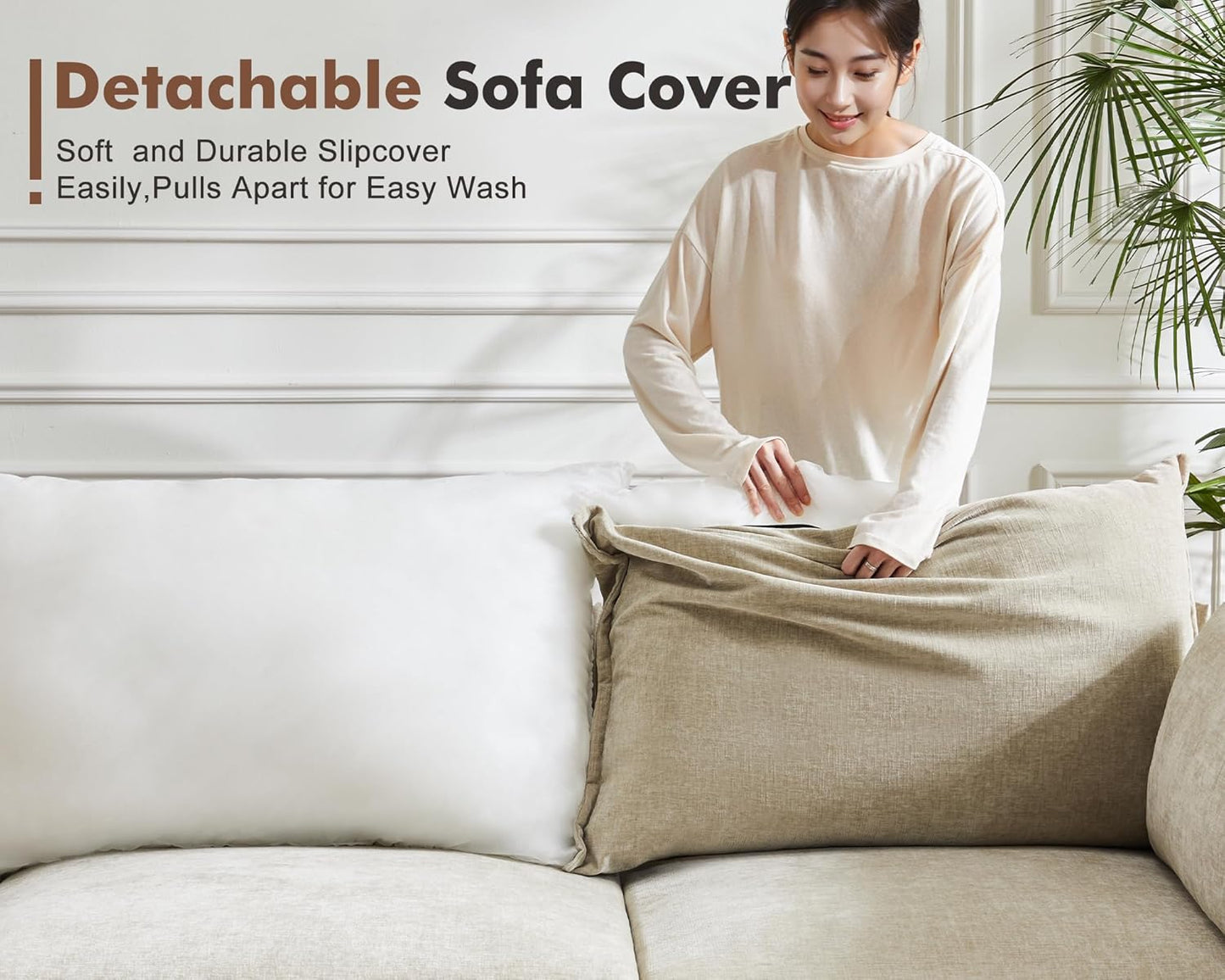 Oversized Accent Chair, Upholstered Modern Sofa Chair with Removable Backrest & Detachable Cover, 24.5" Deep Seat Large Reading Armchair for Living Room Bedroom Office - Chenille Beige Set of 1