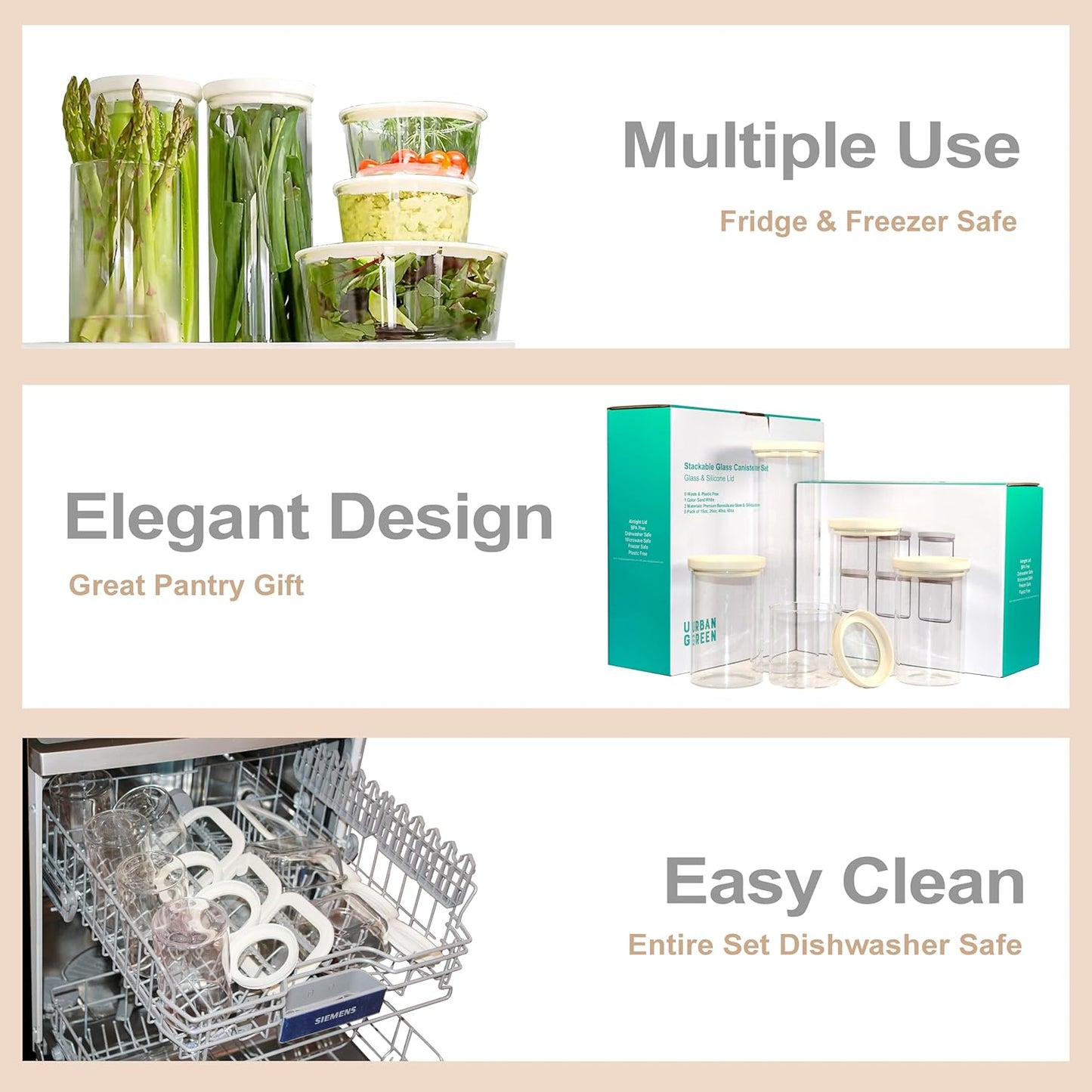 Urban Green Glass Food Storage Jar with Glass Lid, Food Canister Set with Airtight Lids, Pantry Jars for Kitchen Organization, Food Storage Containers in Set of 5