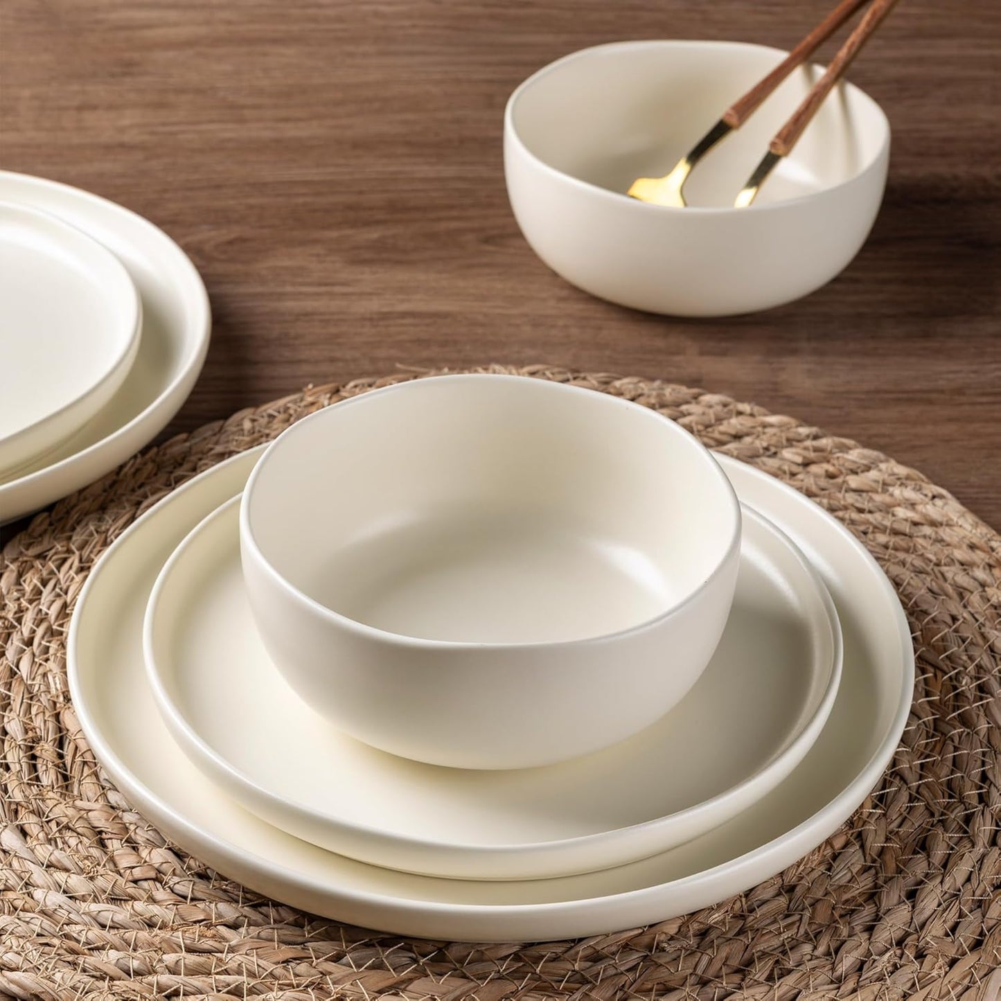 AmorArc Stoneware Dinnerware Sets, Wavy Rim Ceramic Plates and Bowls Sets, Highly Chip and Crack Resistant | Dishwasher & Microwave & Oven Safe Dishes set, Service for 4 (12pc)