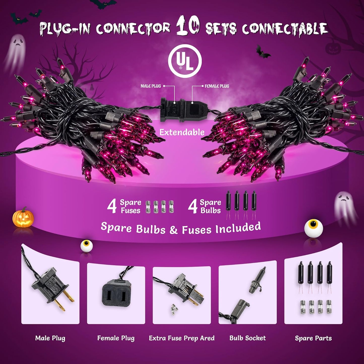 YOUNGAR Purple Halloween Lights, Clear Halloween Light Outdoor,13FT 50 UL Approved String Light with Black Wire,Incandescent Mini Waterproof Plug in for Indoor Tree Patio Garden Christmas Xmas Decor