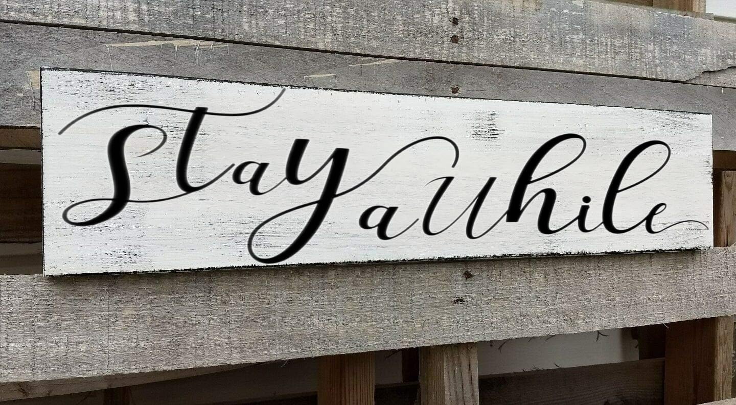 Farmhouse Stay Awhile Wood Sign, Entryway Sign Farmhous Wall Decor, Rustic Wall Art for Housewarming Gift (Stay Awhile) 6x18 Inch